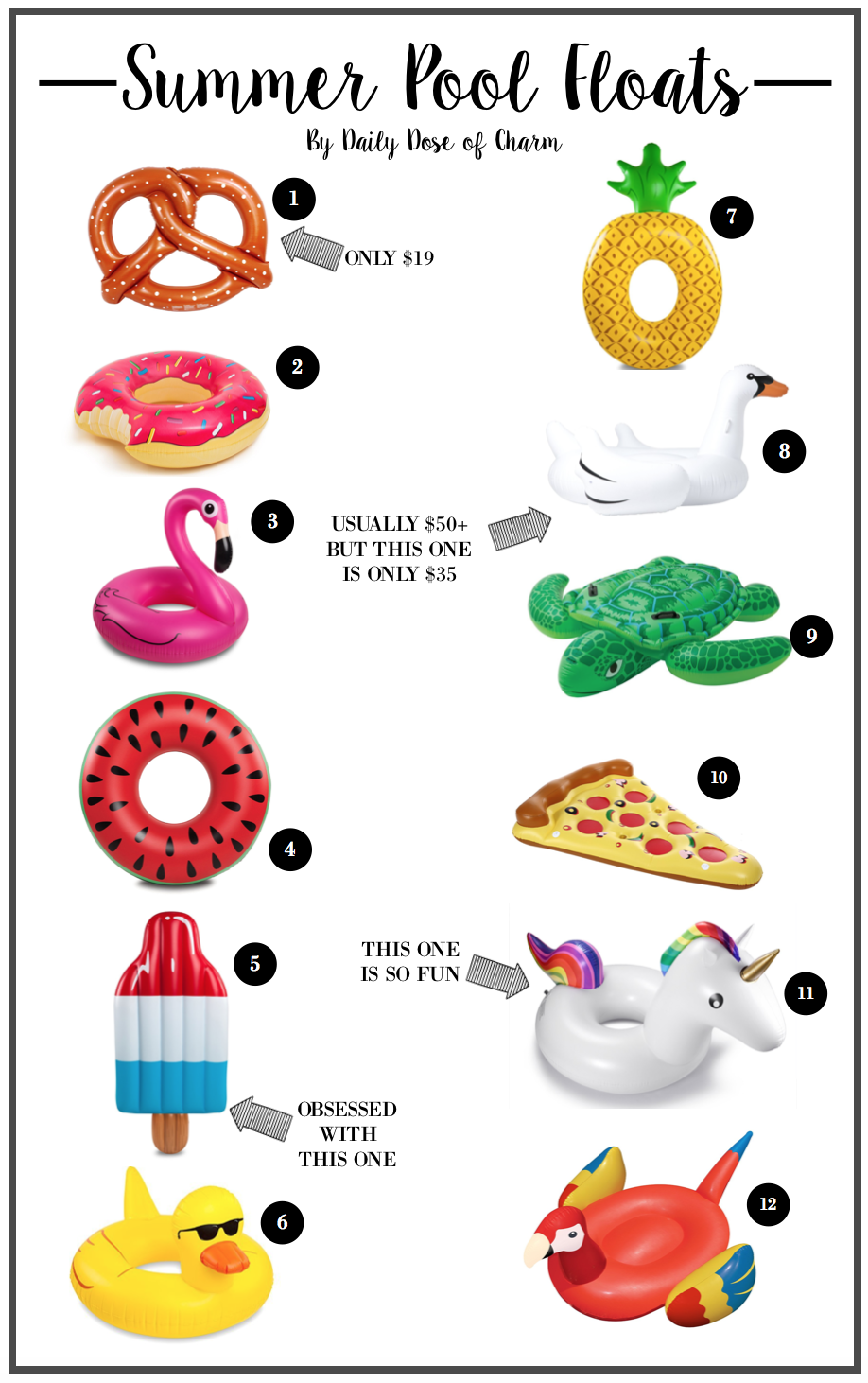 My Favorite Summer Pool Floats | Summer trends, swan pool float, flamingo pool float, donut pool float daily dose of charm lauren lindmark