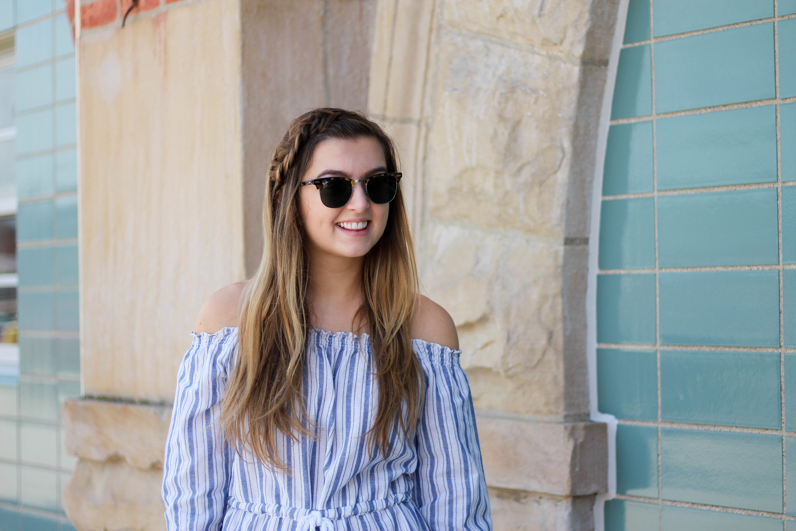 Striped Romper, off the shoulder romper, cute romper, inexpensive romper on daily dose of charm by lauren lindmark