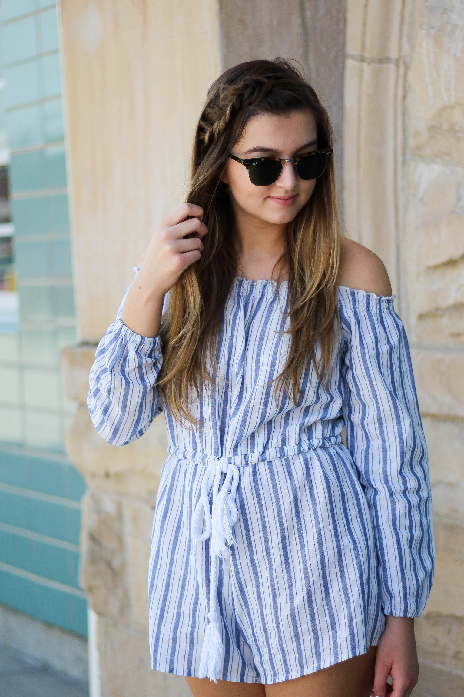 Striped Romper, off the shoulder romper, cute romper, inexpensive romper on daily dose of charm by lauren lindmark