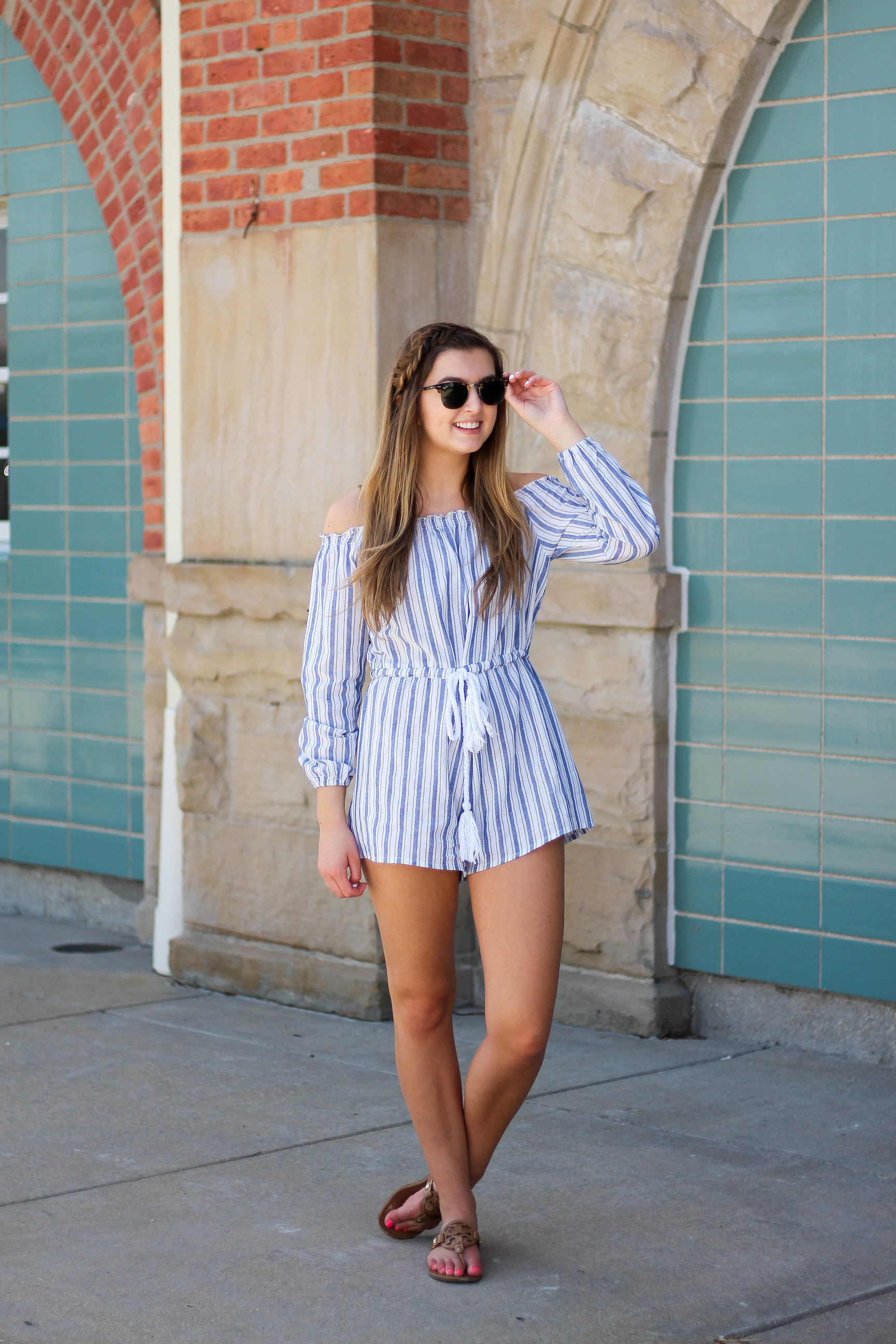 Striped Romper, off the shoulder romper, cute romper, inexpensive romper on daily dose of charm by lauren lindmark