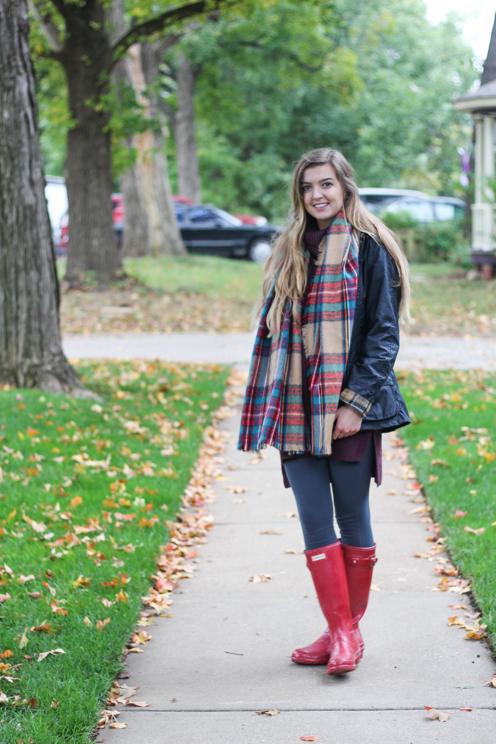 Sweater Dress and Blanket Scarf and Hunter Boots