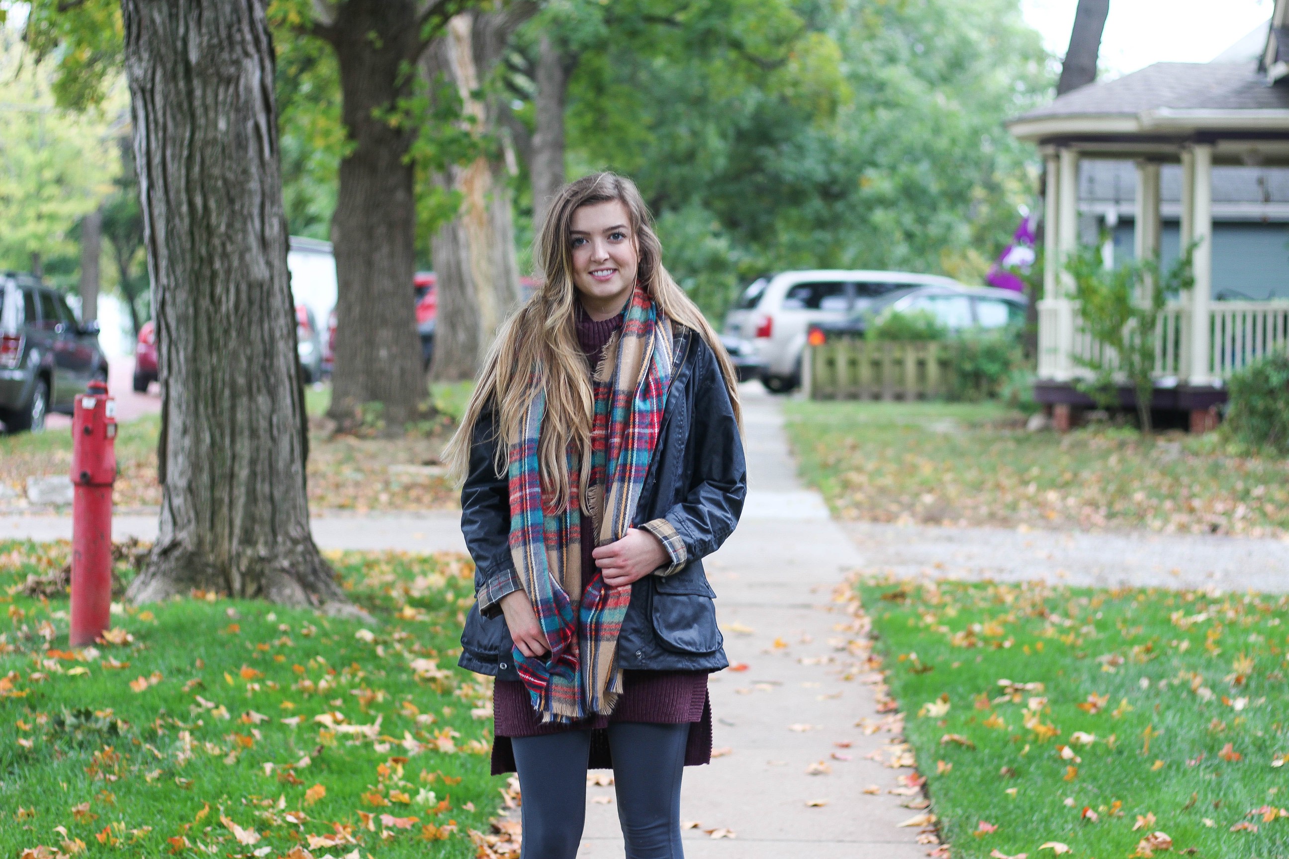 Sweater Dress and Blanket Scarf and Hunter Boots