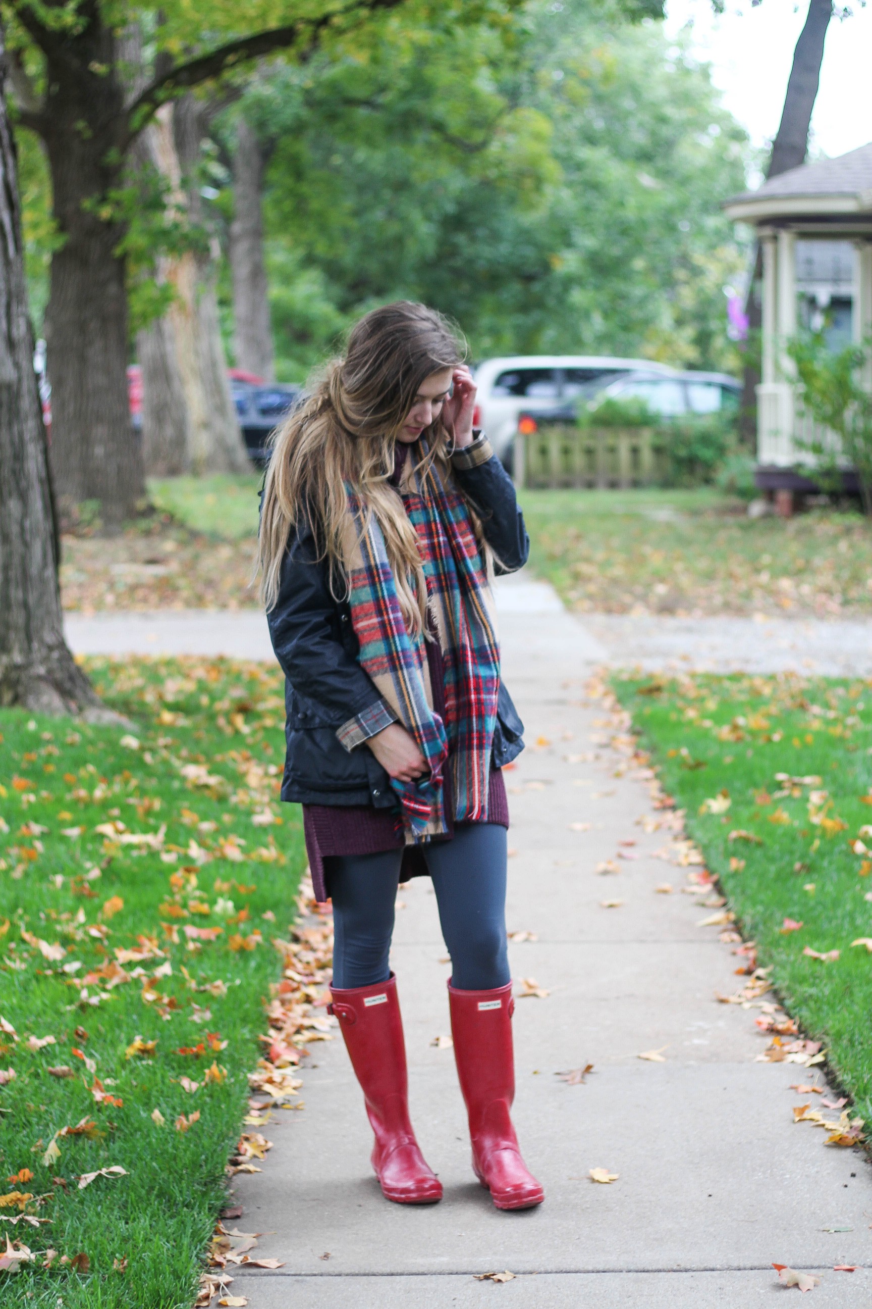 Sweater Dress and Blanket Scarf and Hunter Boots