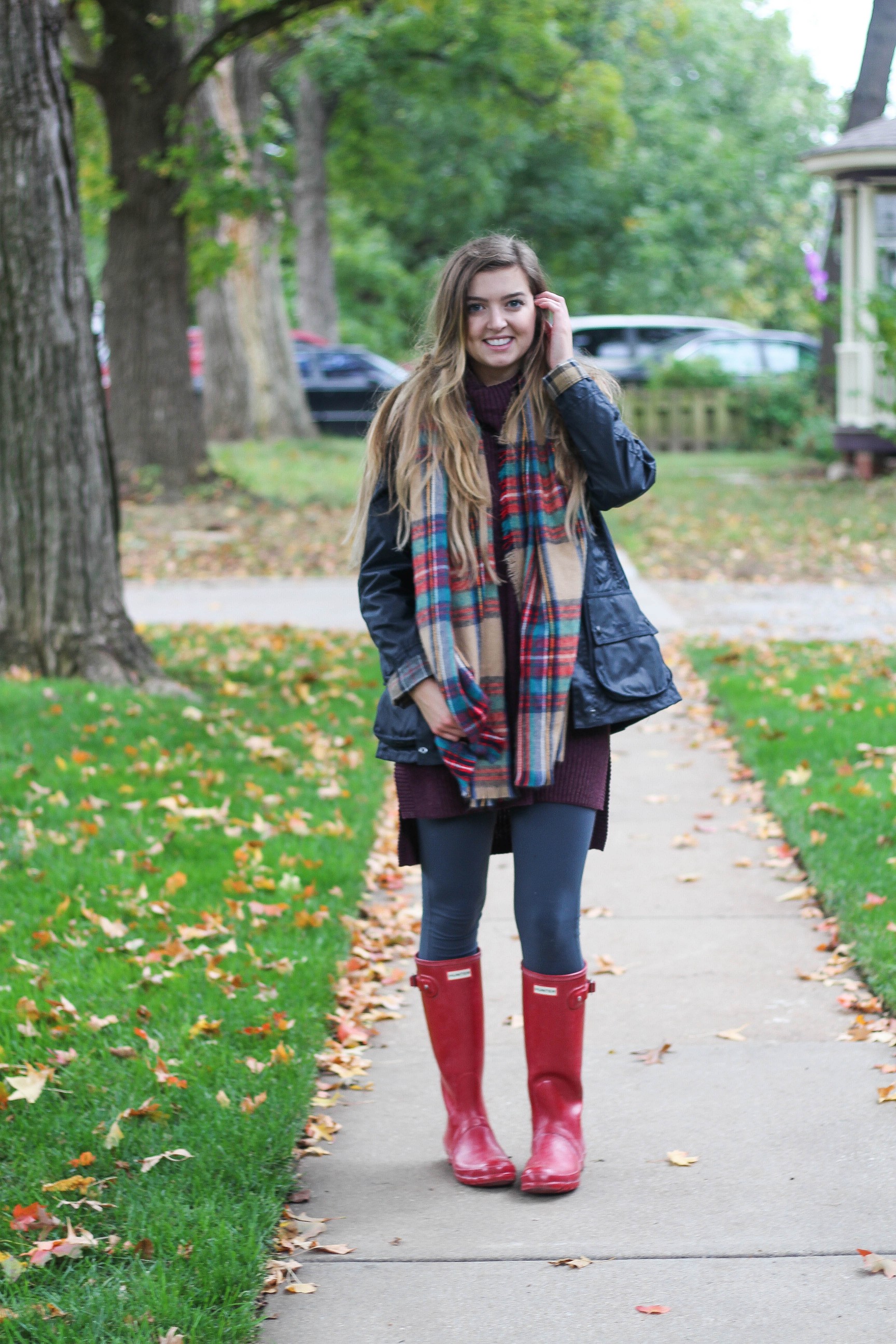 Sweater Dress and Blanket Scarf and Hunter Boots