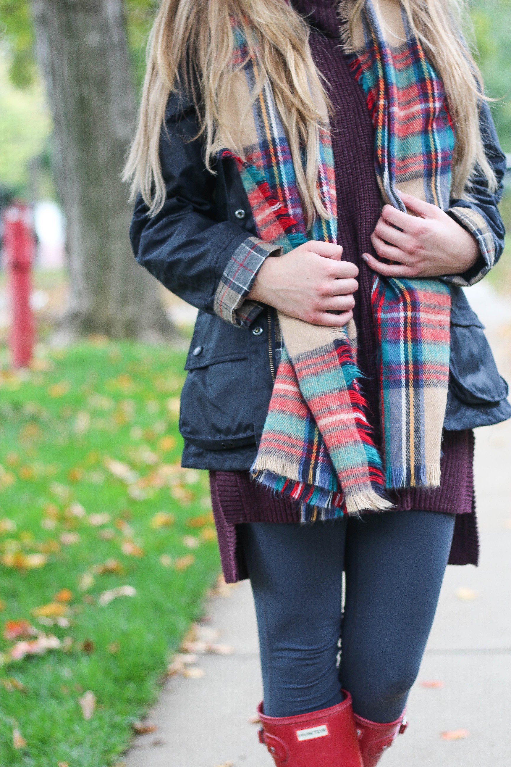 red tartan scarf Barbour fall and winter paired with suede leggings