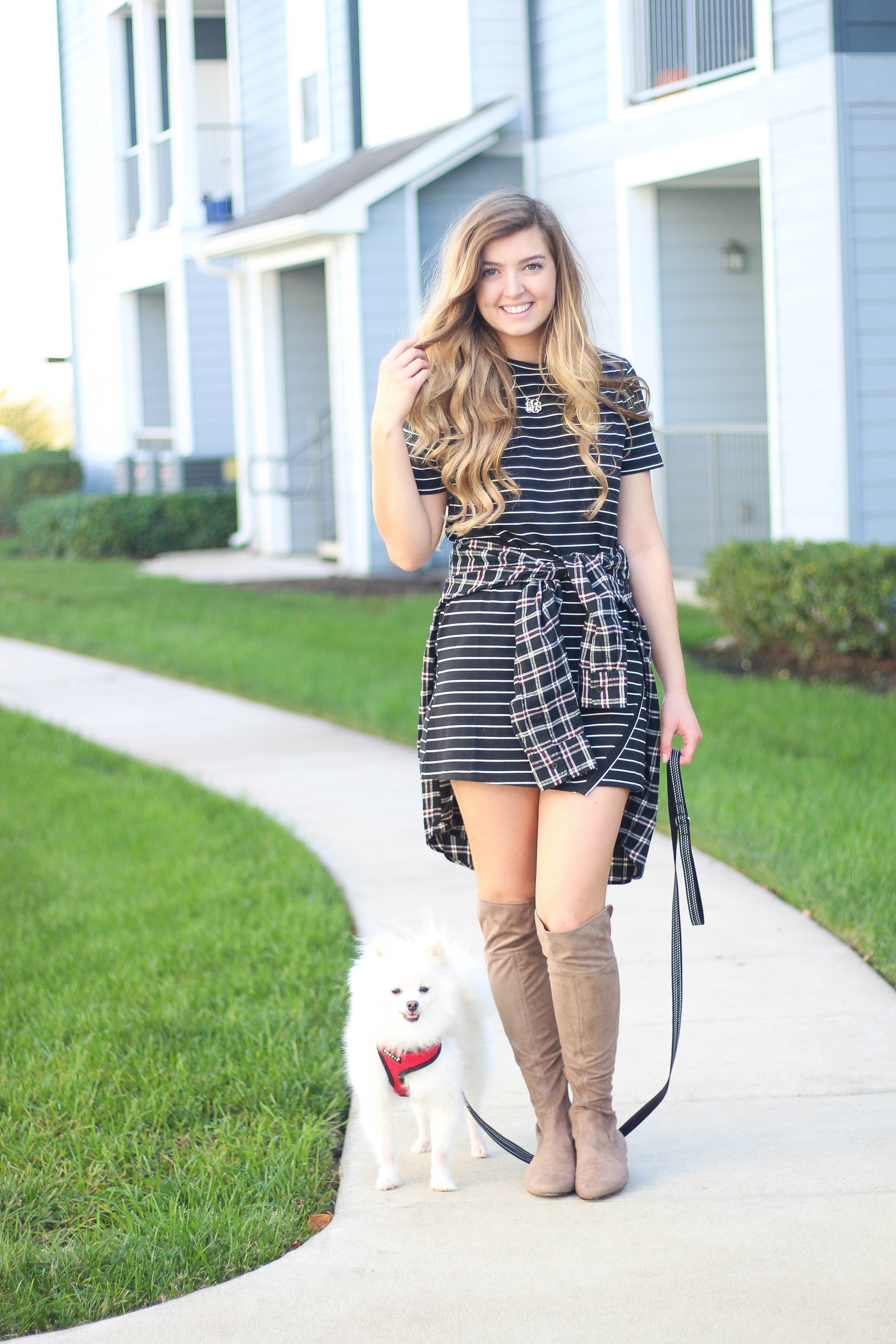 Flannel tied around a dress fall outfit on the blog dailydoseofcharm.com by Lauren Lindmark
