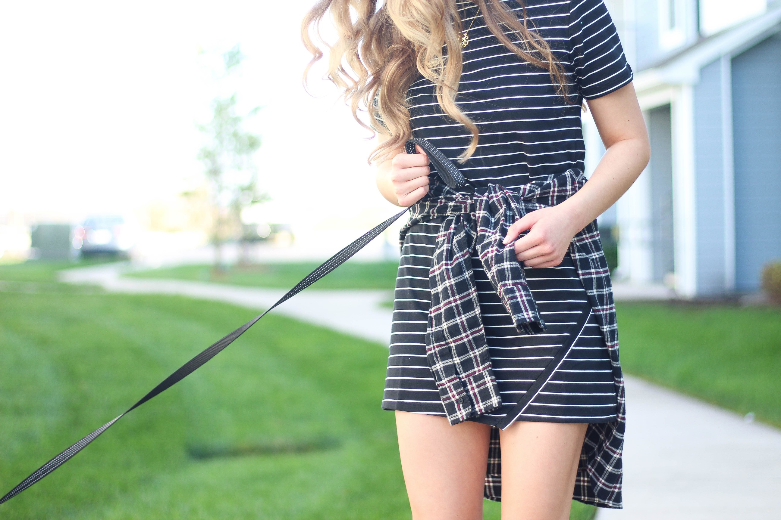 Flannel tied around a dress fall outfit on the blog dailydoseofcharm.com by Lauren Lindmark