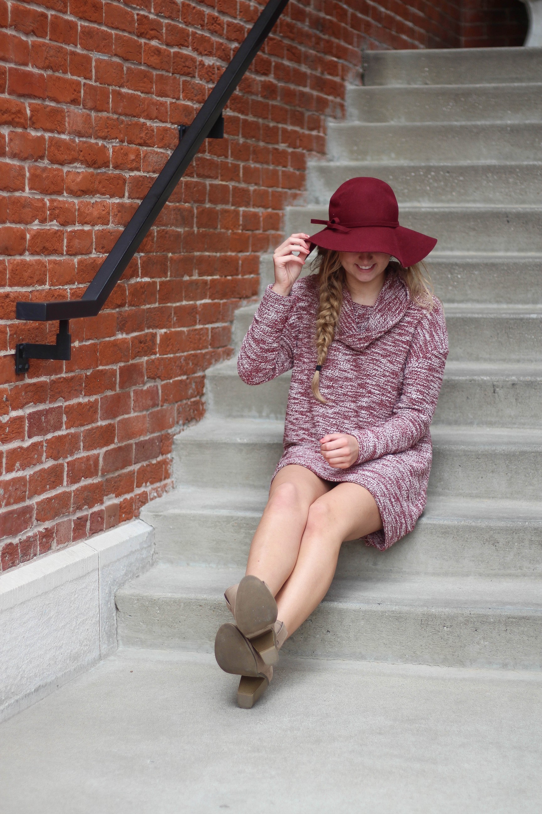 Fall Sweater dress with burgundy her and booties outfit of the day on daily dose of charm by lauren lindmark on dailydoseofcharm.com