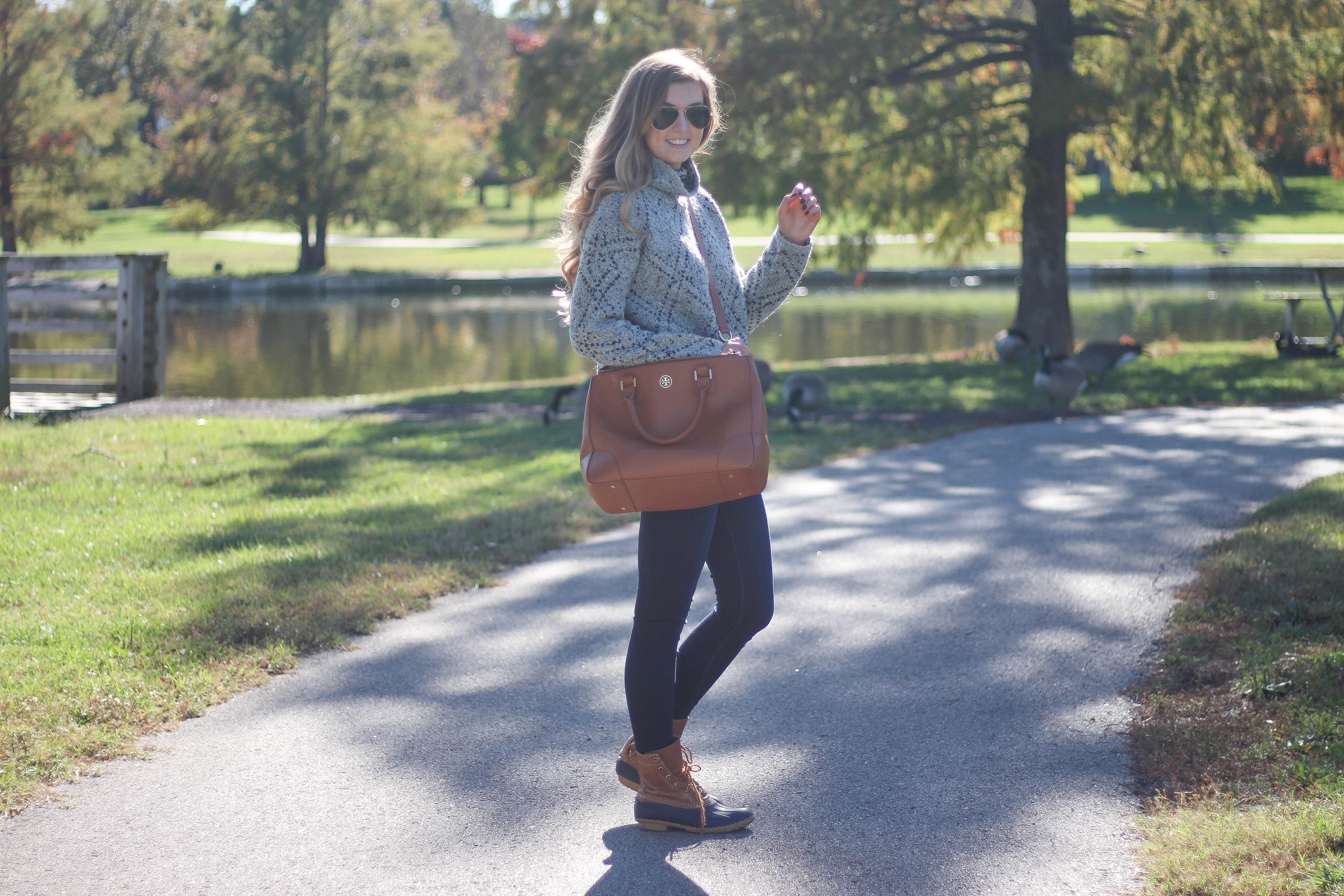 Fall sweater outfit of the day with tory burch tote, ray ban sunglasses, joie sweater, ll bean duck boots, by lauren landmark on daily dose of charm dailydoseofcharm.com (ALL DETAILS ON THE BLOG)