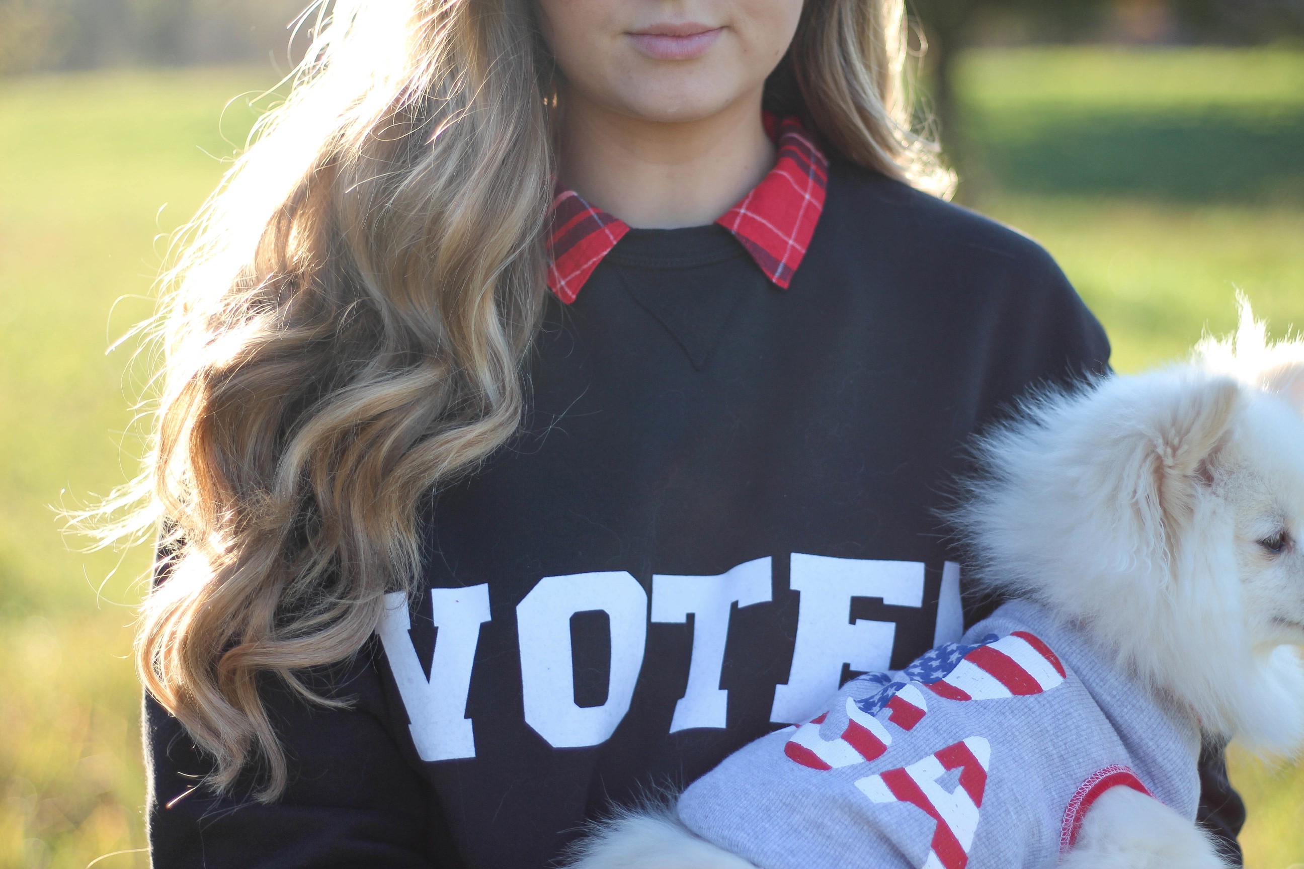 DIY Sweatshirt 2016 election day vote sweatshirt flannel layer outfit pomeranian OOTD outfit by daily dose of charm by lauren lindmark