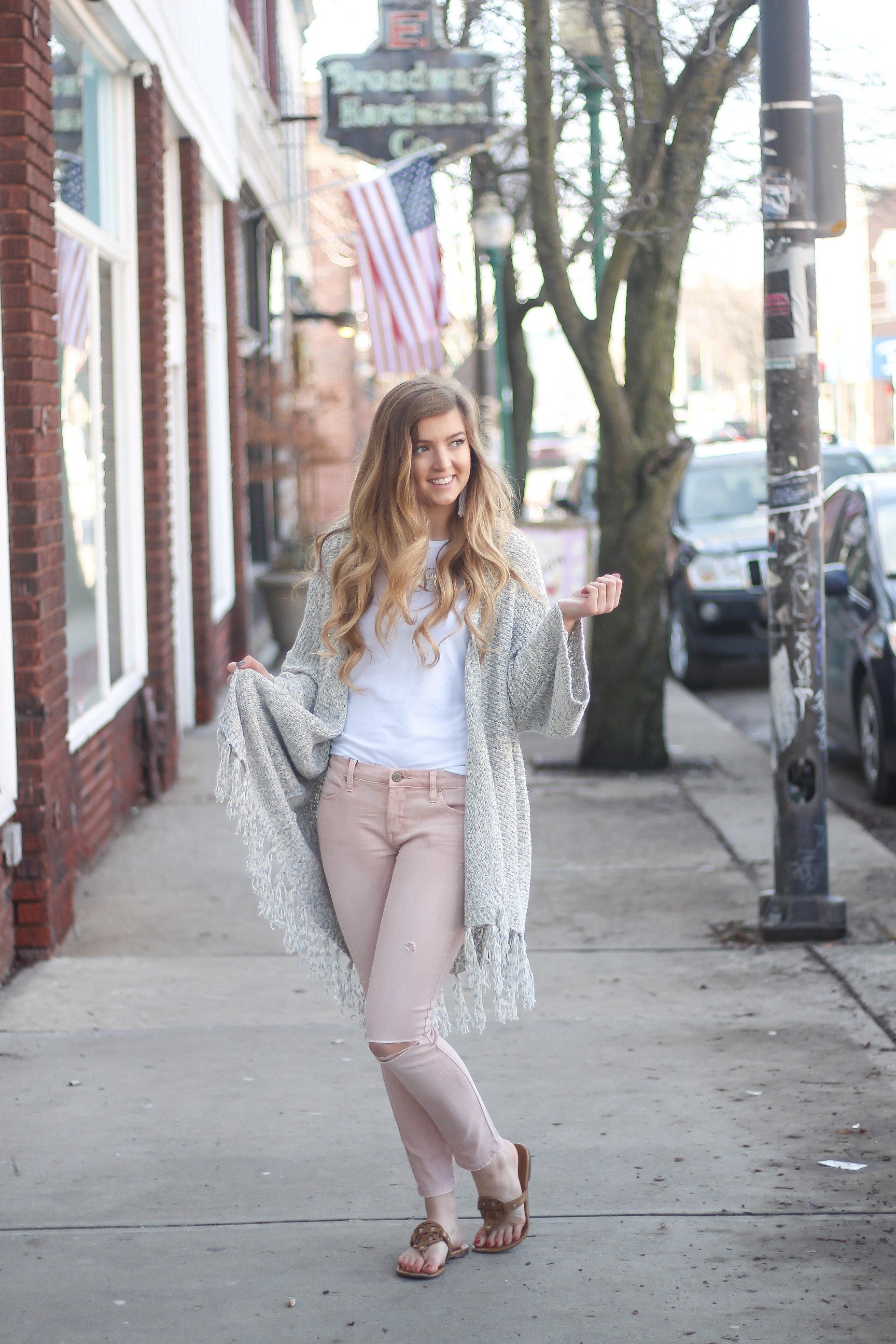 Cardigans aren't just for winter! My favorite spring cardigan is perfect with my pink jeans! I accessorized with my monogram necklace and tassel earrings! By Lauren Lindmark on dailydoseofcharm.com daily dose of charm