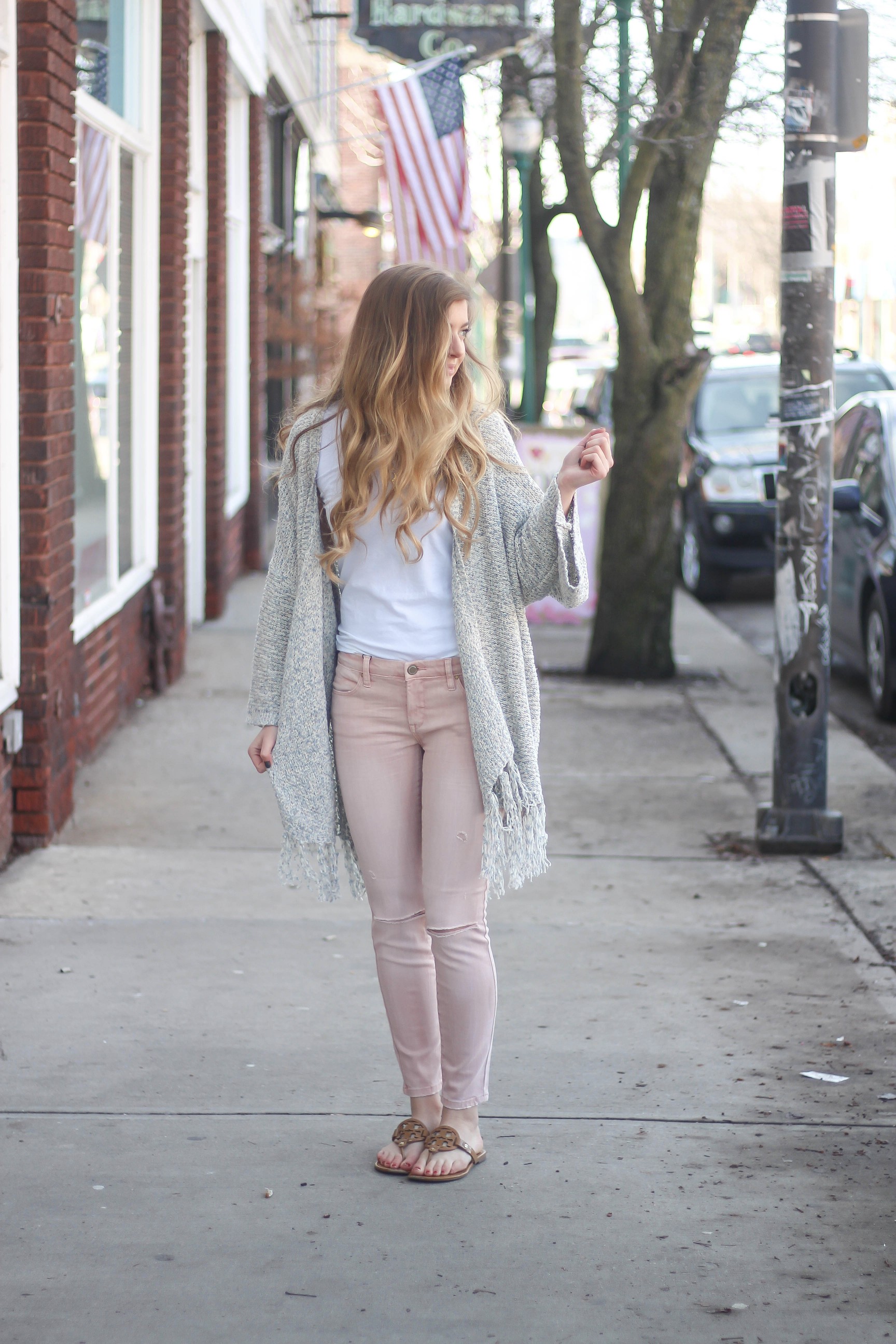 Cardigans aren't just for winter! My favorite spring cardigan is perfect with my pink jeans! I accessorized with my monogram necklace and tassel earrings! By Lauren Lindmark on dailydoseofcharm.com daily dose of charm