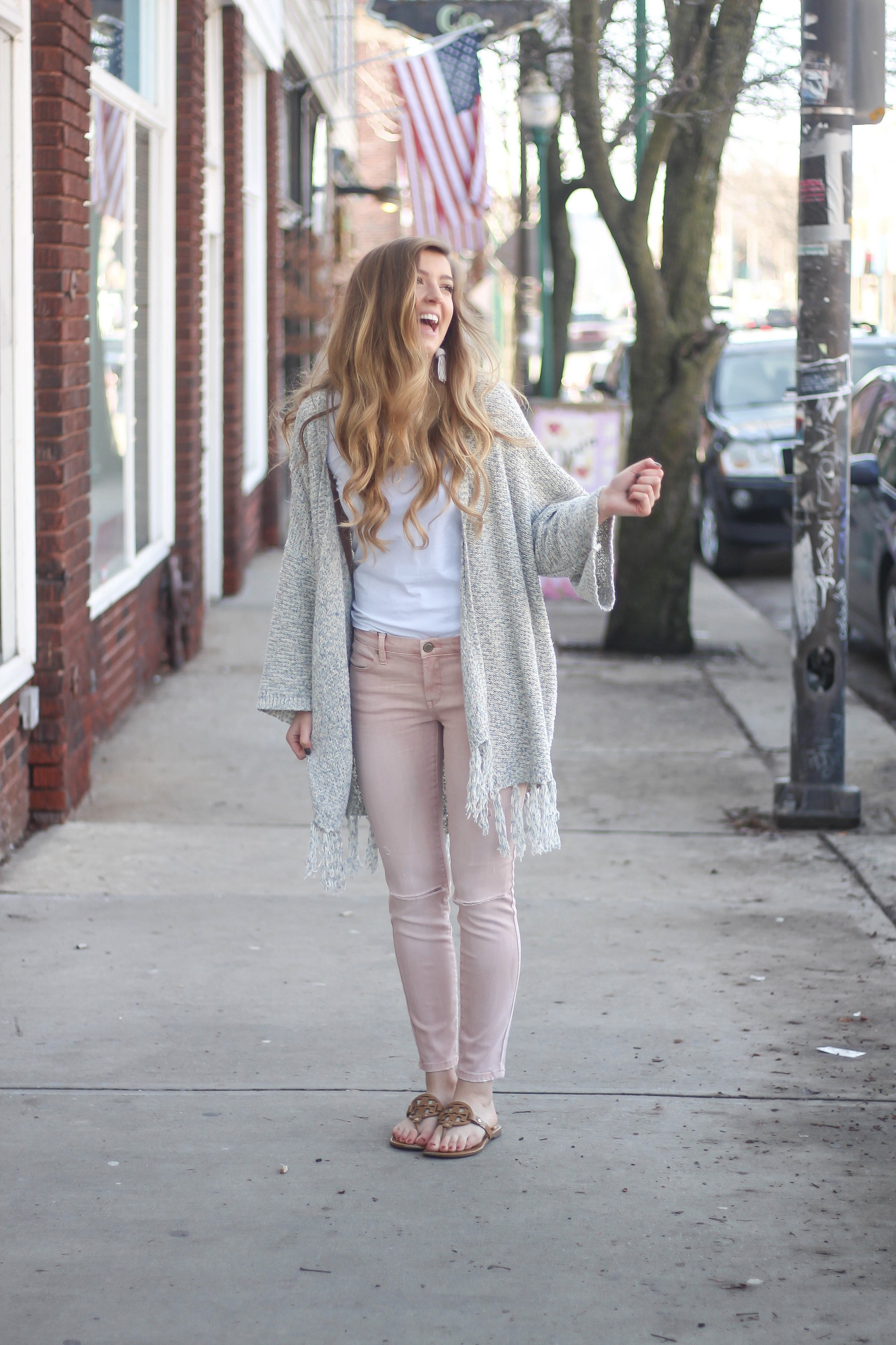 Cardigans aren't just for winter! My favorite spring cardigan is perfect with my pink jeans! I accessorized with my monogram necklace and tassel earrings! By Lauren Lindmark on dailydoseofcharm.com daily dose of charm