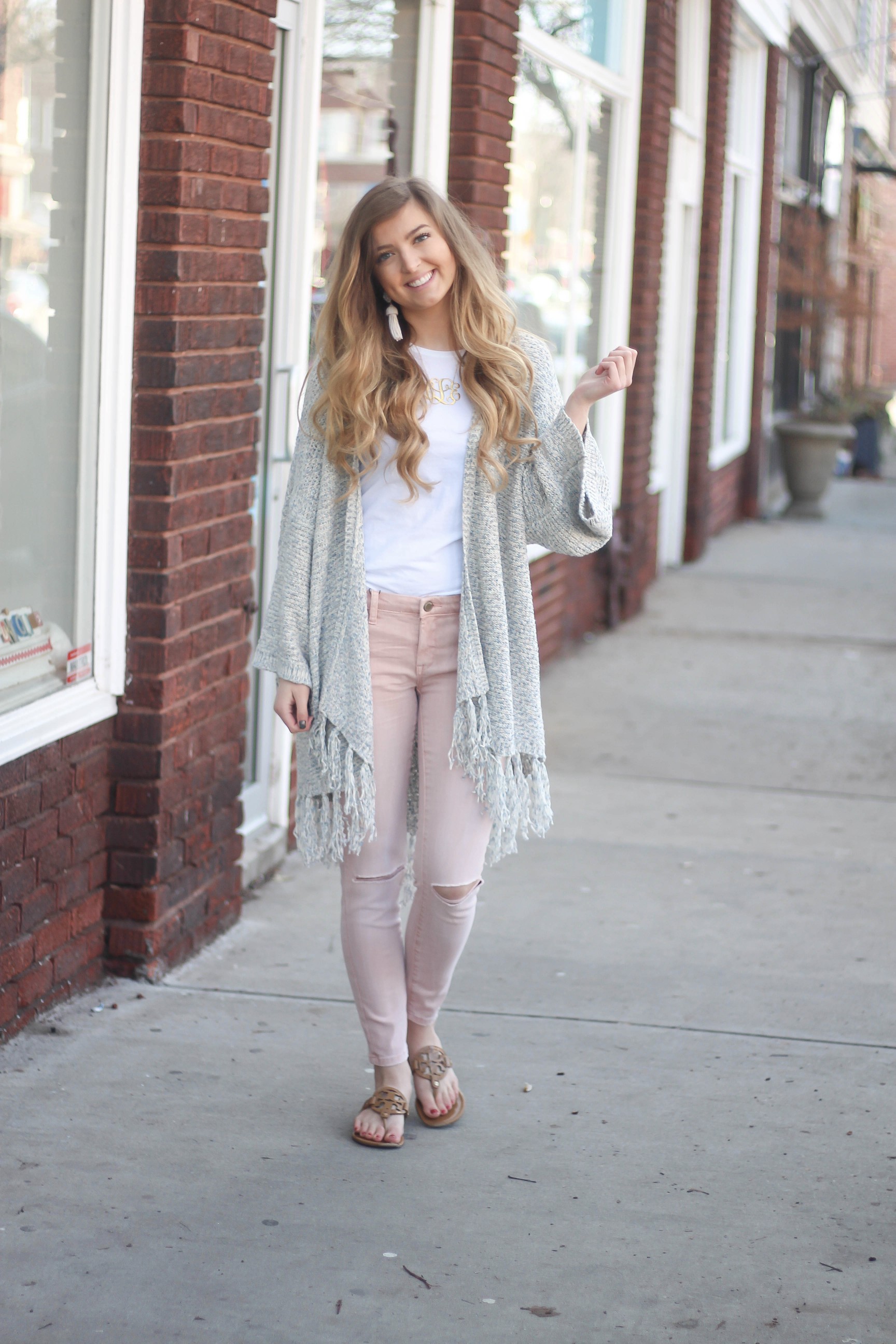 Cardigans aren't just for winter! My favorite spring cardigan is perfect with my pink jeans! I accessorized with my monogram necklace and tassel earrings! By Lauren Lindmark on dailydoseofcharm.com daily dose of charm