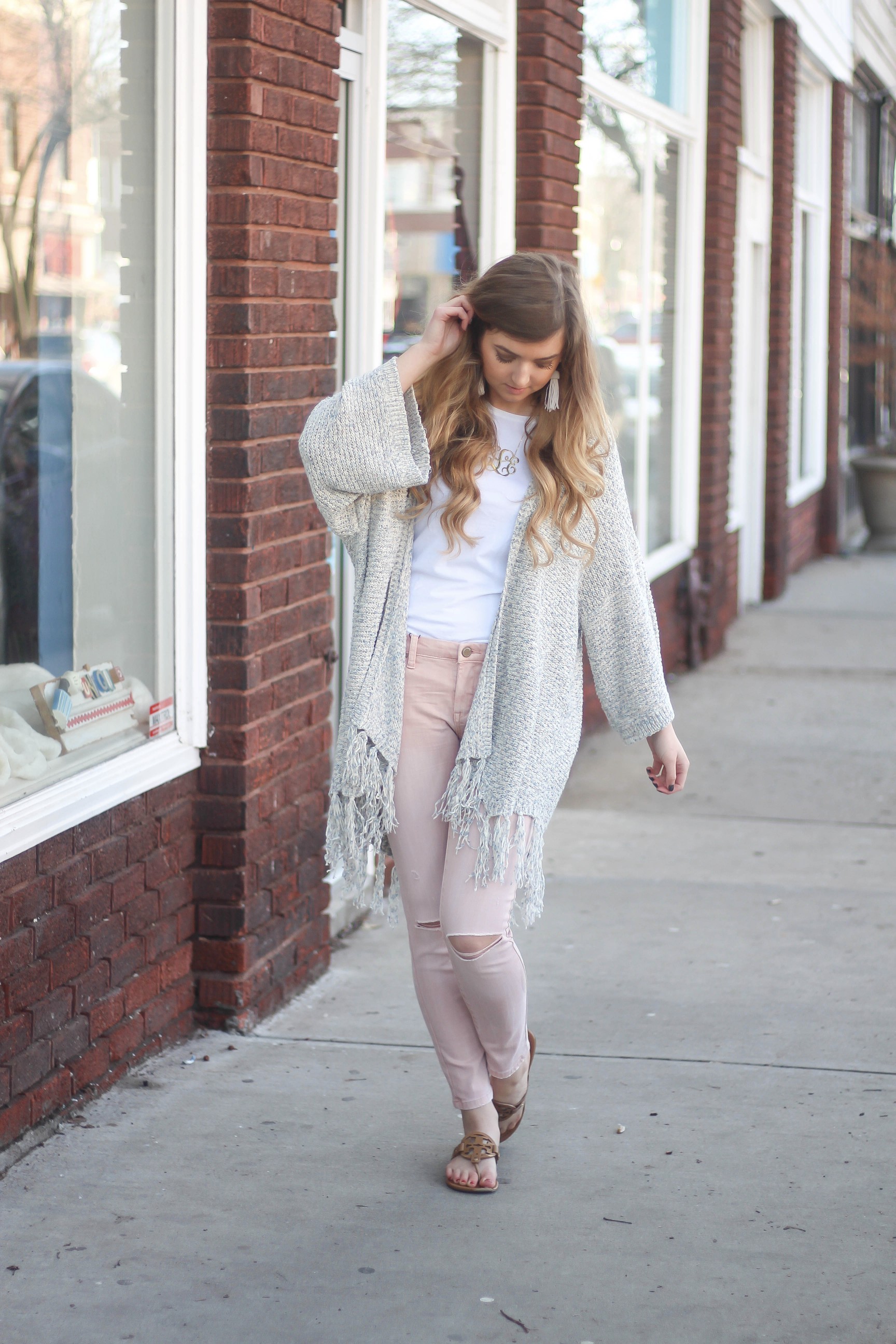 Cardigans aren't just for winter! My favorite spring cardigan is perfect with my pink jeans! I accessorized with my monogram necklace and tassel earrings! By Lauren Lindmark on dailydoseofcharm.com daily dose of charm