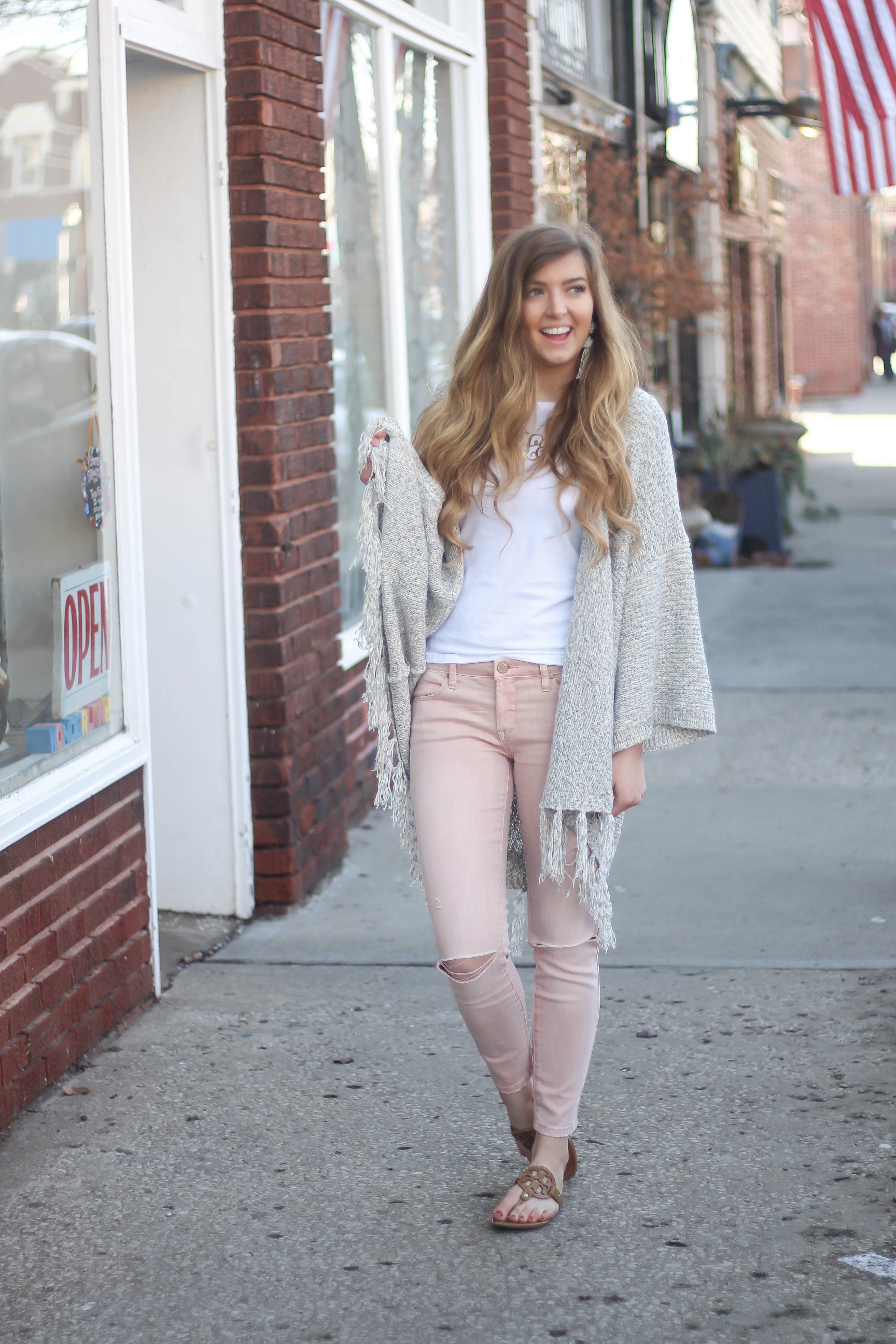 Cardigans aren't just for winter! My favorite spring cardigan is perfect with my pink jeans! I accessorized with my monogram necklace and tassel earrings! By Lauren Lindmark on dailydoseofcharm.com daily dose of charm