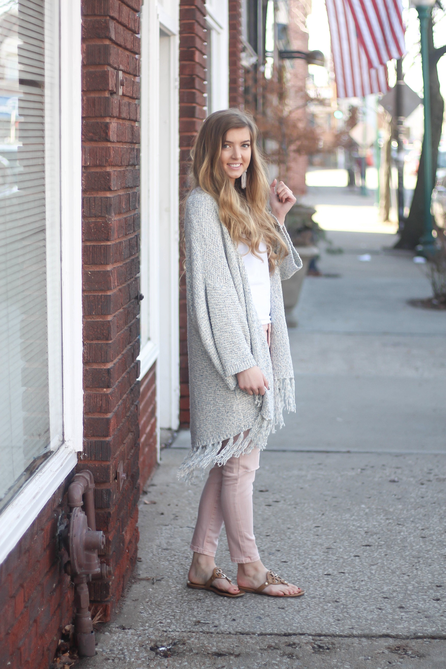 Cardigans aren't just for winter! My favorite spring cardigan is perfect with my pink jeans! I accessorized with my monogram necklace and tassel earrings! By Lauren Lindmark on dailydoseofcharm.com daily dose of charm