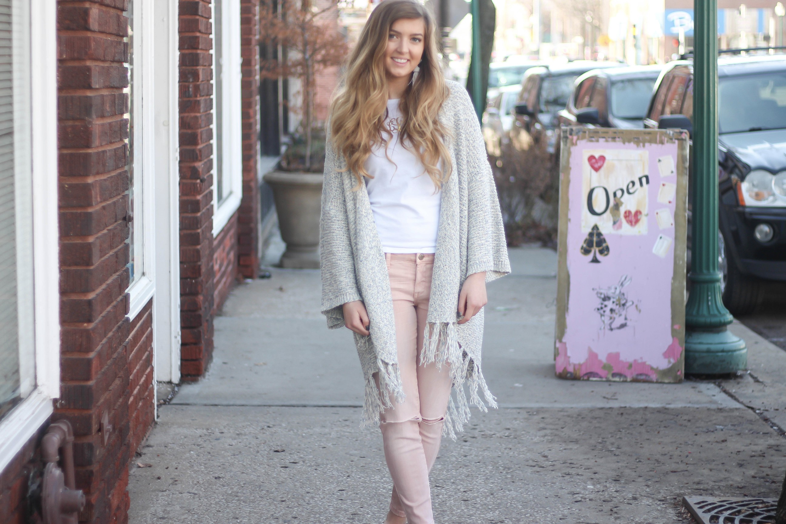 Cardigans aren't just for winter! My favorite spring cardigan is perfect with my pink jeans! I accessorized with my monogram necklace and tassel earrings! By Lauren Lindmark on dailydoseofcharm.com daily dose of charm