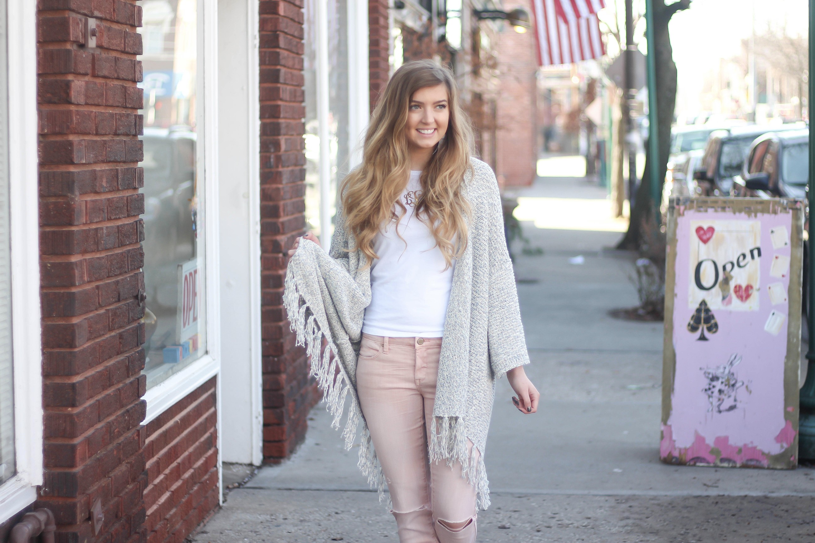 Cardigans aren't just for winter! My favorite spring cardigan is perfect with my pink jeans! I accessorized with my monogram necklace and tassel earrings! By Lauren Lindmark on dailydoseofcharm.com daily dose of charm