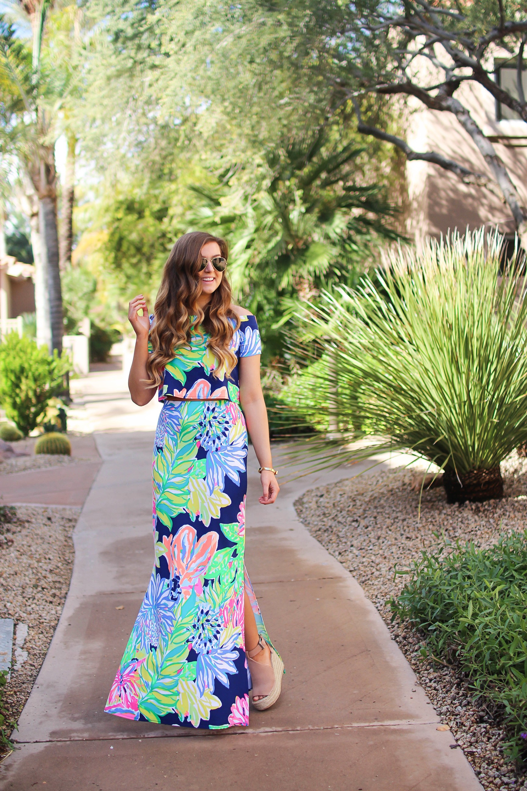 Lilly Pulitzer two piece maxi dress in Navy Travelers Palm. I love everything in the Resort Wear 365 collection this year! I paired this maxi dress with my favorite wedges and gold bangle! By Lauren Lindmark on dailydoseofcharm.com daily dose of charm