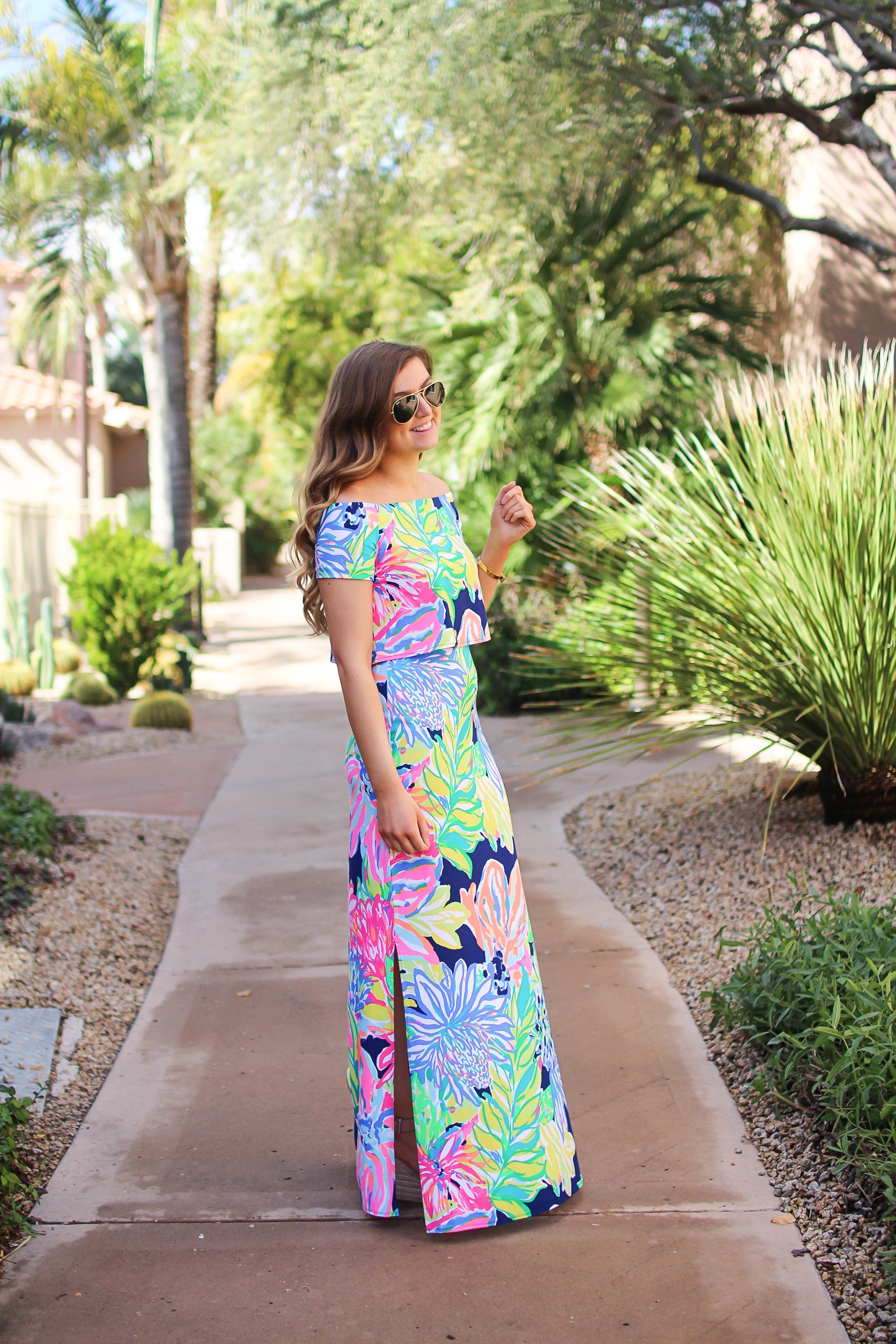 Lilly Pulitzer two piece maxi dress in Navy Travelers Palm. I love everything in the Resort Wear 365 collection this year! I paired this maxi dress with my favorite wedges and gold bangle! By Lauren Lindmark on dailydoseofcharm.com daily dose of charm