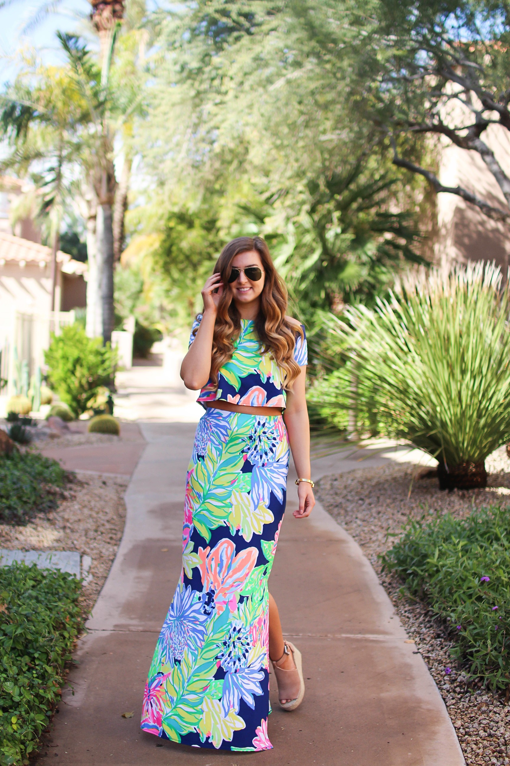 Lilly Pulitzer two piece maxi dress in Navy Travelers Palm. I love everything in the Resort Wear 365 collection this year! I paired this maxi dress with my favorite wedges and gold bangle! By Lauren Lindmark on dailydoseofcharm.com daily dose of charm