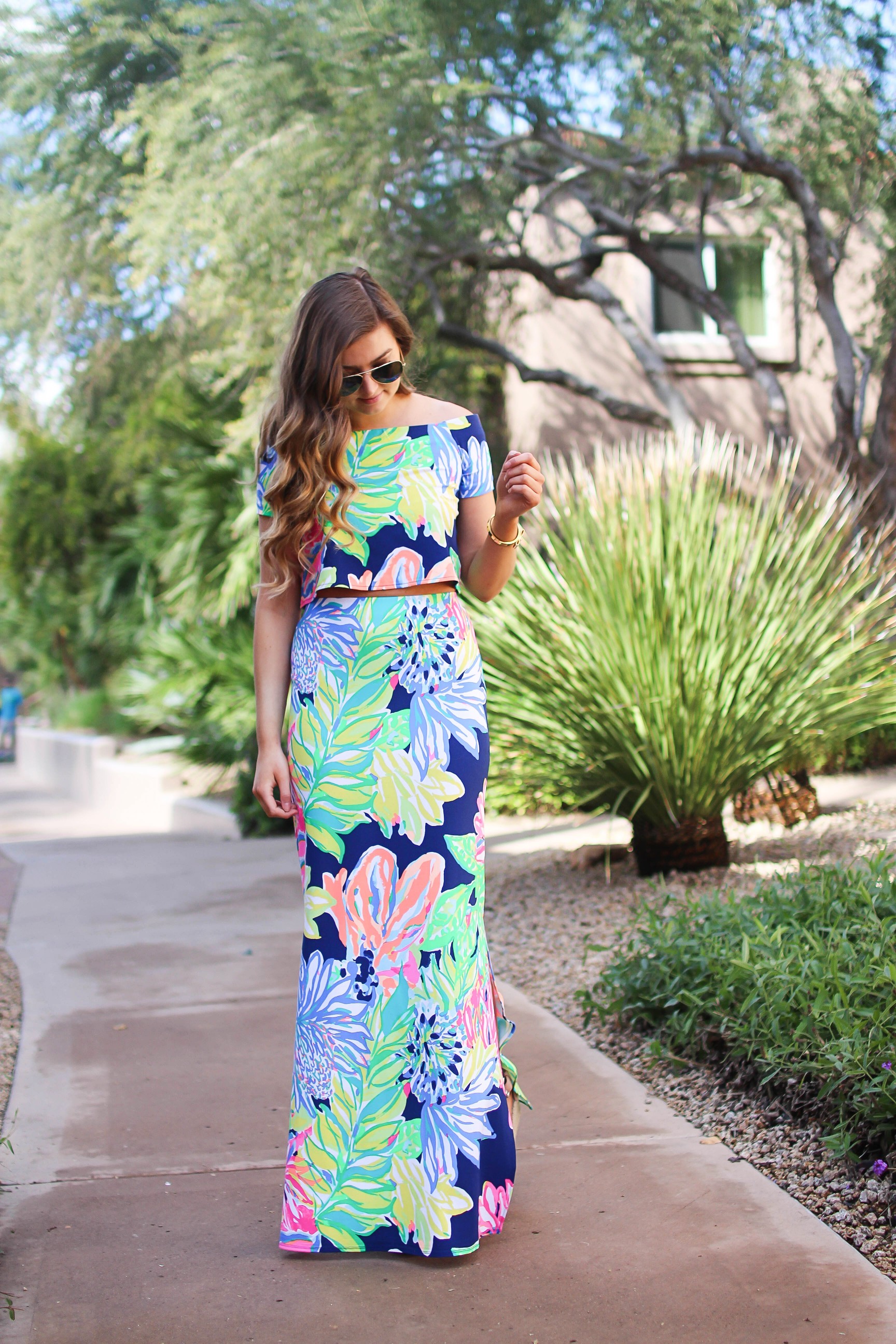 Lilly Pulitzer two piece maxi dress in Navy Travelers Palm. I love everything in the Resort Wear 365 collection this year! I paired this maxi dress with my favorite wedges and gold bangle! By Lauren Lindmark on dailydoseofcharm.com daily dose of charm