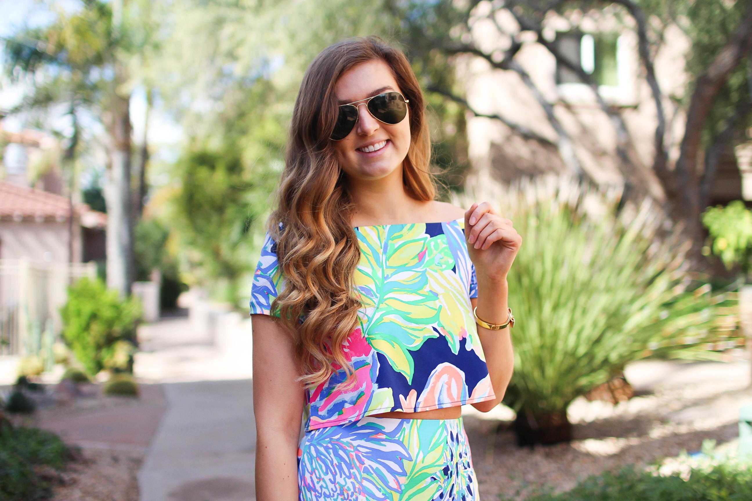 Lilly Pulitzer two piece maxi dress in Navy Travelers Palm. I love everything in the Resort Wear 365 collection this year! I paired this maxi dress with my favorite wedges and gold bangle! By Lauren Lindmark on dailydoseofcharm.com daily dose of charm