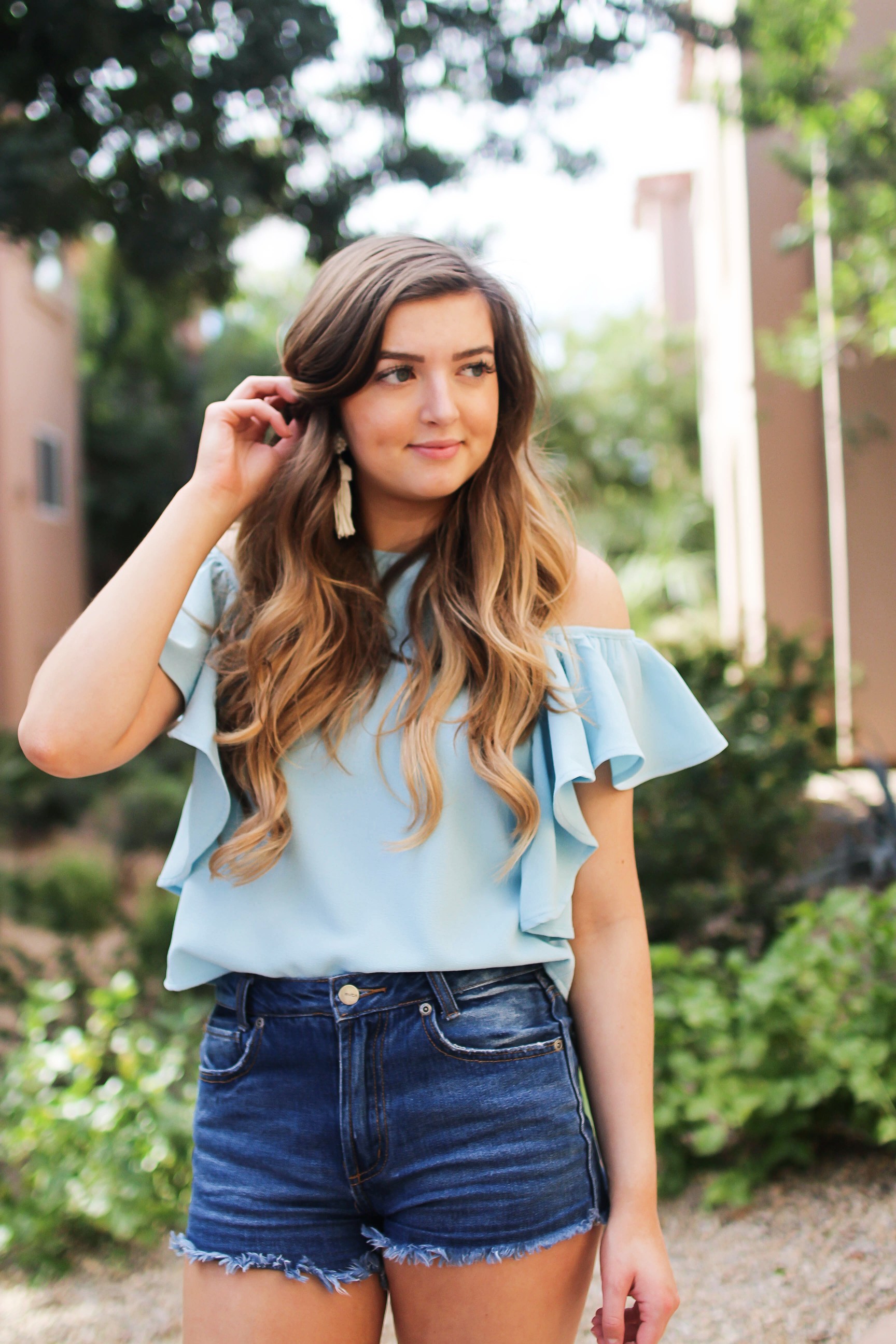 This light blue ruffle cold shoulder top is the cutest thing ever! I can't get enough! I paired it with my favorite jean shorts and these Marc Fisher LTD Annie Perforated Espadrille Platform Wedges! By Lauren Lindmark on Daily Dose of Charm dailydoseofcharm.com