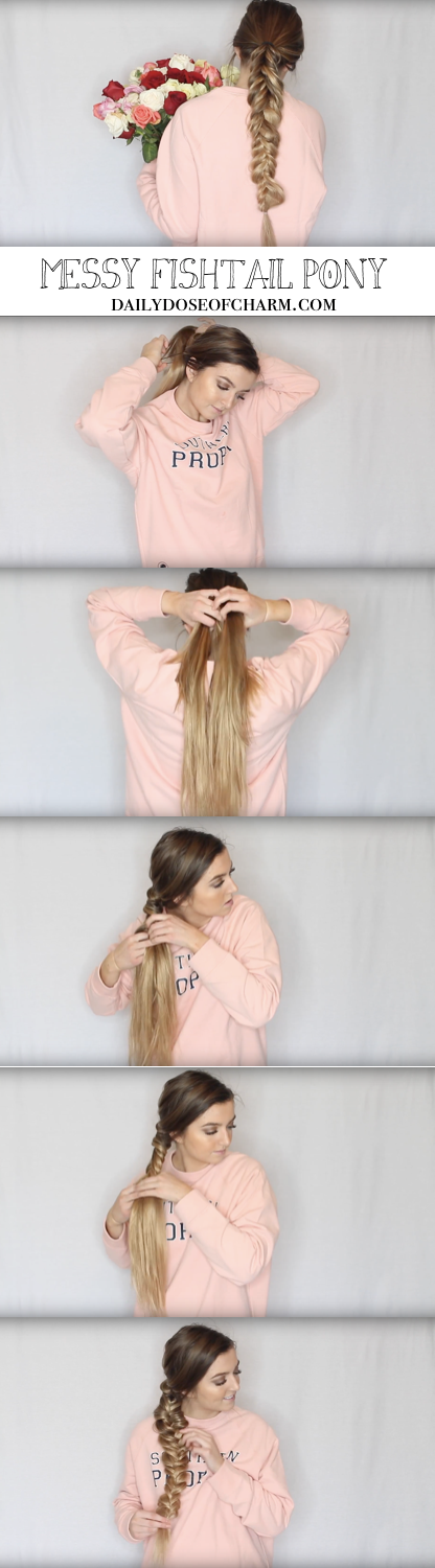 MESSY FISHTAIL PONY! Valentine's Day Hairstyles! Perfect hairstyles for Valentine's Day that are easy and no heat. I love finding cute hairstyles that are no heat hairstyles and easy to do! By Lauren Lindmark on Daily Dose of Charm dailydoseofcharm.com