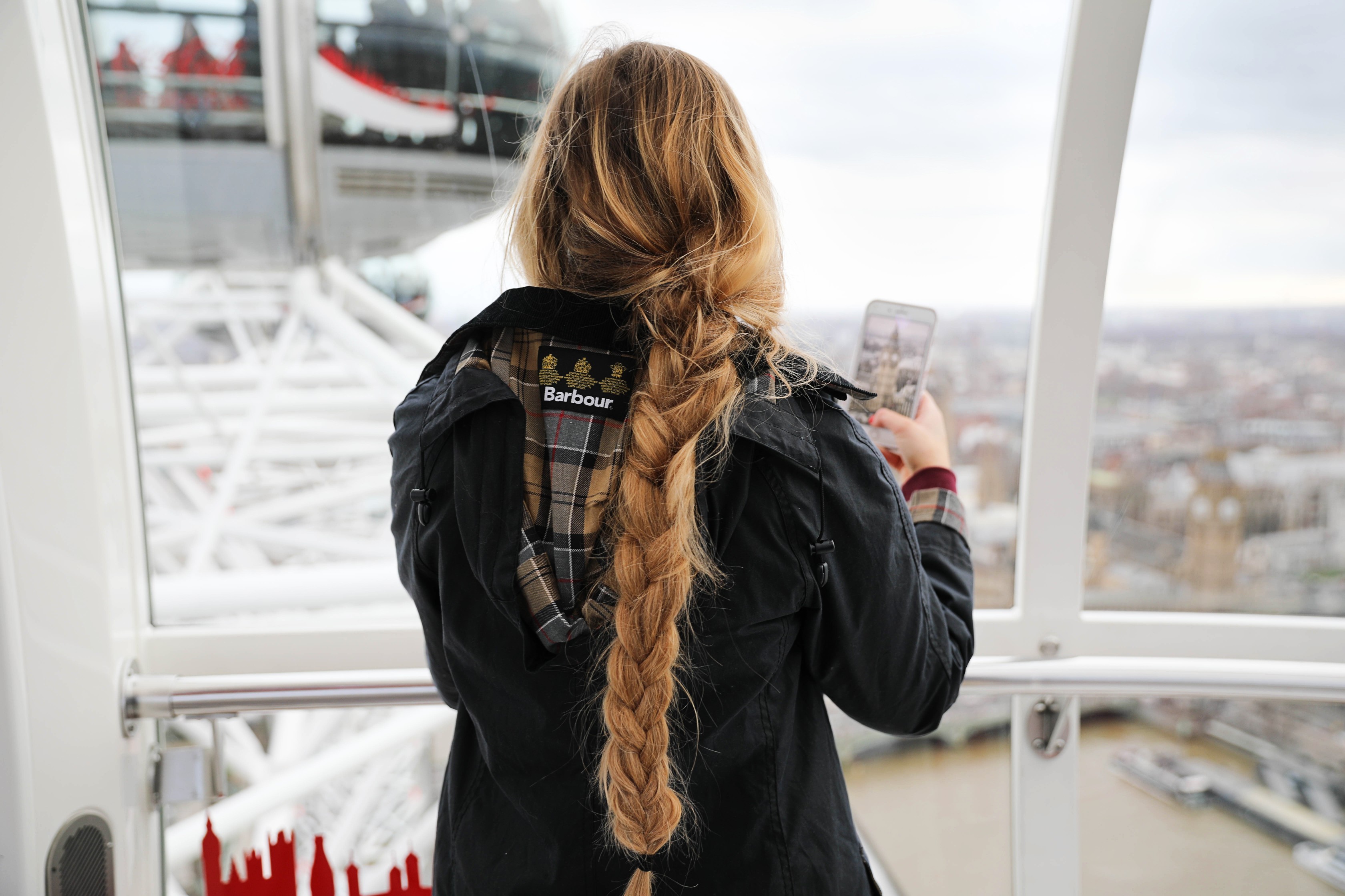 London Adventure post! Photos from the London Eye! Wearing a Barbour coat and England crewneck with my favorite gold sneakers by new balance! By Lauren Lindmark on daily dose of charm dailydoseofcharm.com