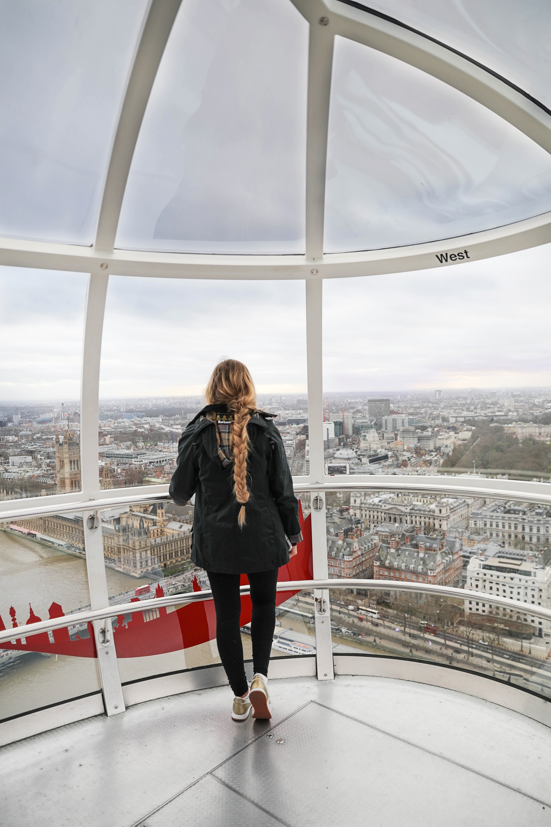 London Adventure post! Photos from the London Eye! Wearing a Barbour coat and England crewneck with my favorite gold sneakers by new balance! By Lauren Lindmark on daily dose of charm dailydoseofcharm.com