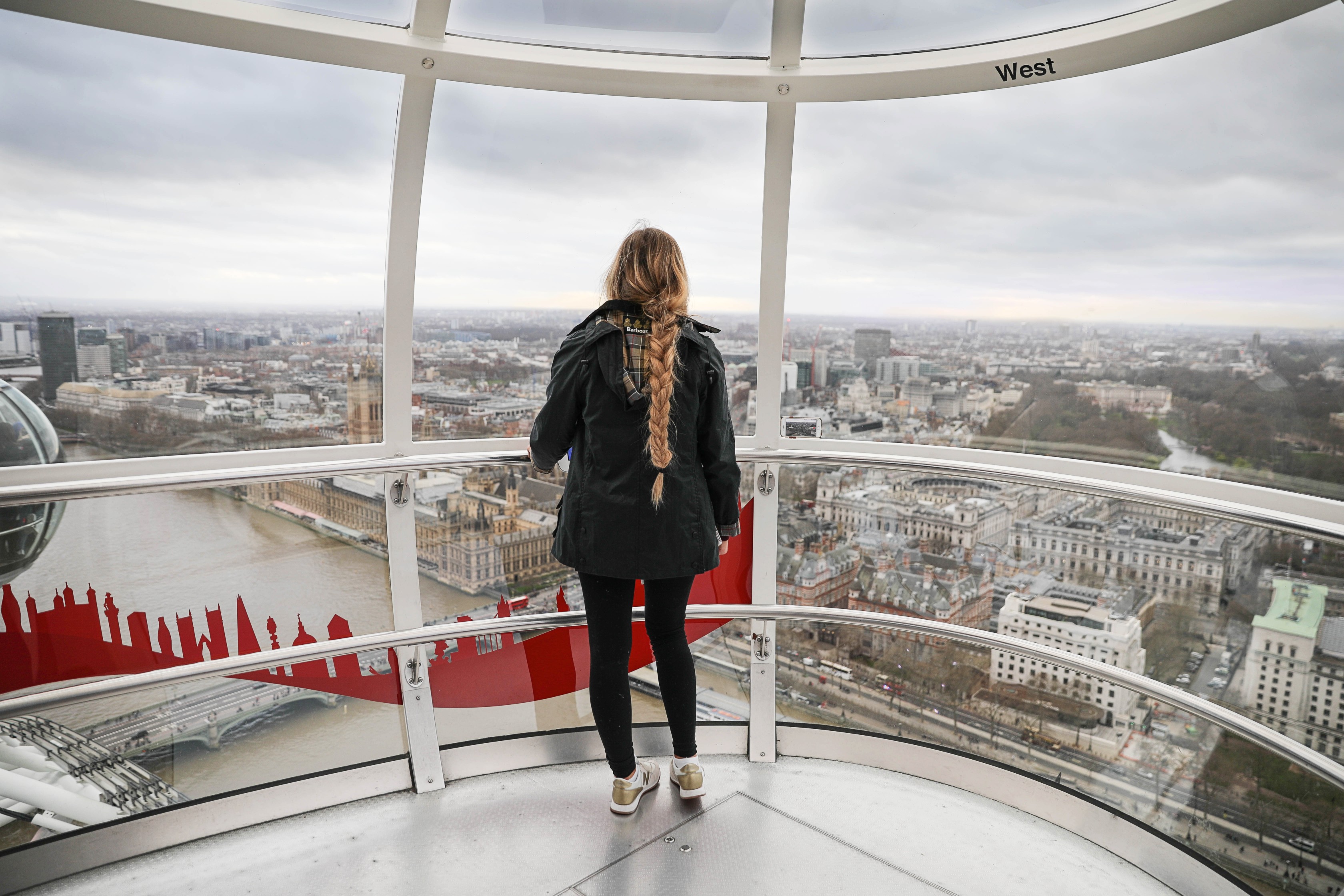 London Adventure post! Photos from the London Eye! Wearing a Barbour coat and England crewneck with my favorite gold sneakers by new balance! By Lauren Lindmark on daily dose of charm dailydoseofcharm.com