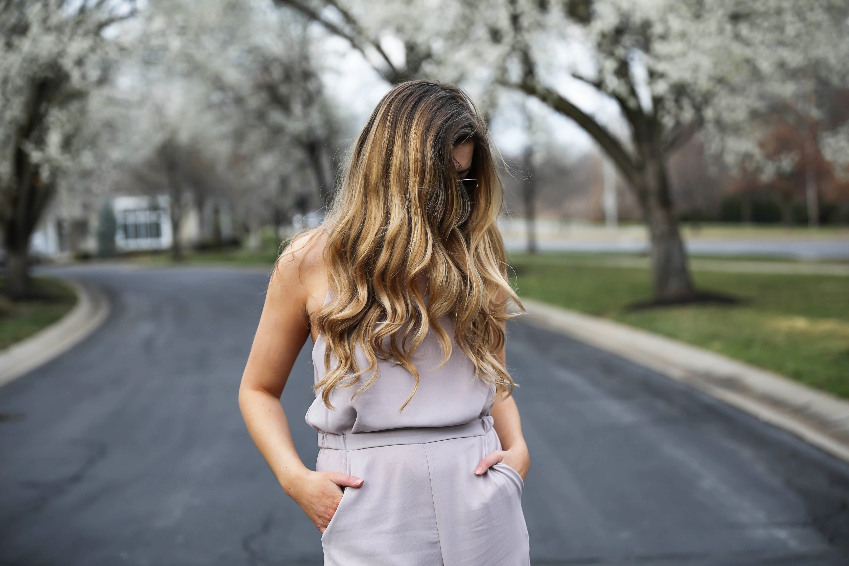 pink flowy jumpsuit