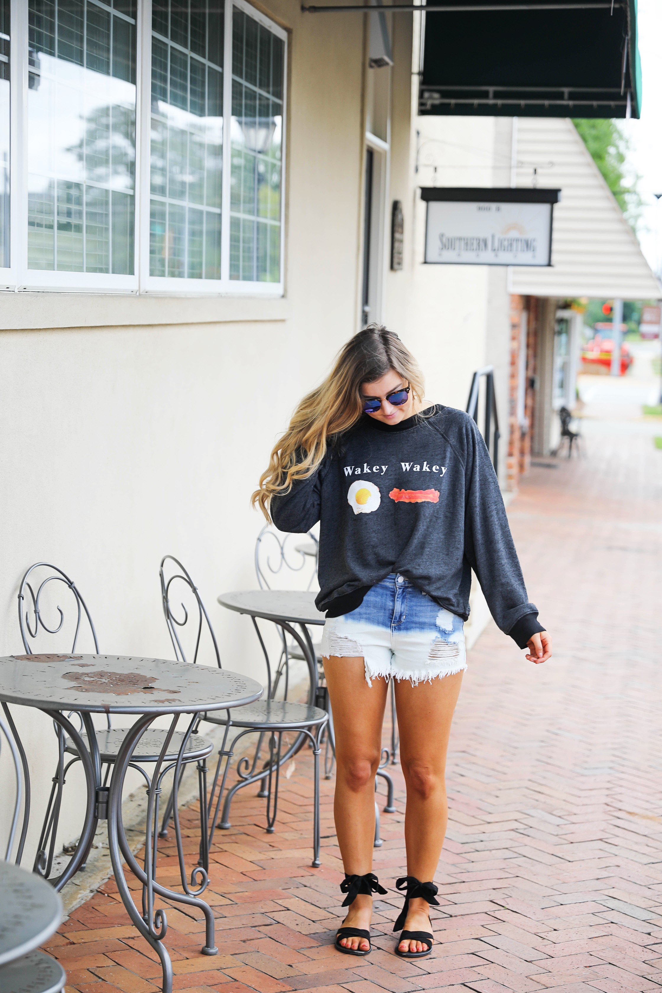 Wakey wakey eggs and bacon Wild Fox sweatshirt tee styled on Daily Dose of Charm by Lauren Lindmark dailydoseofcharm.com