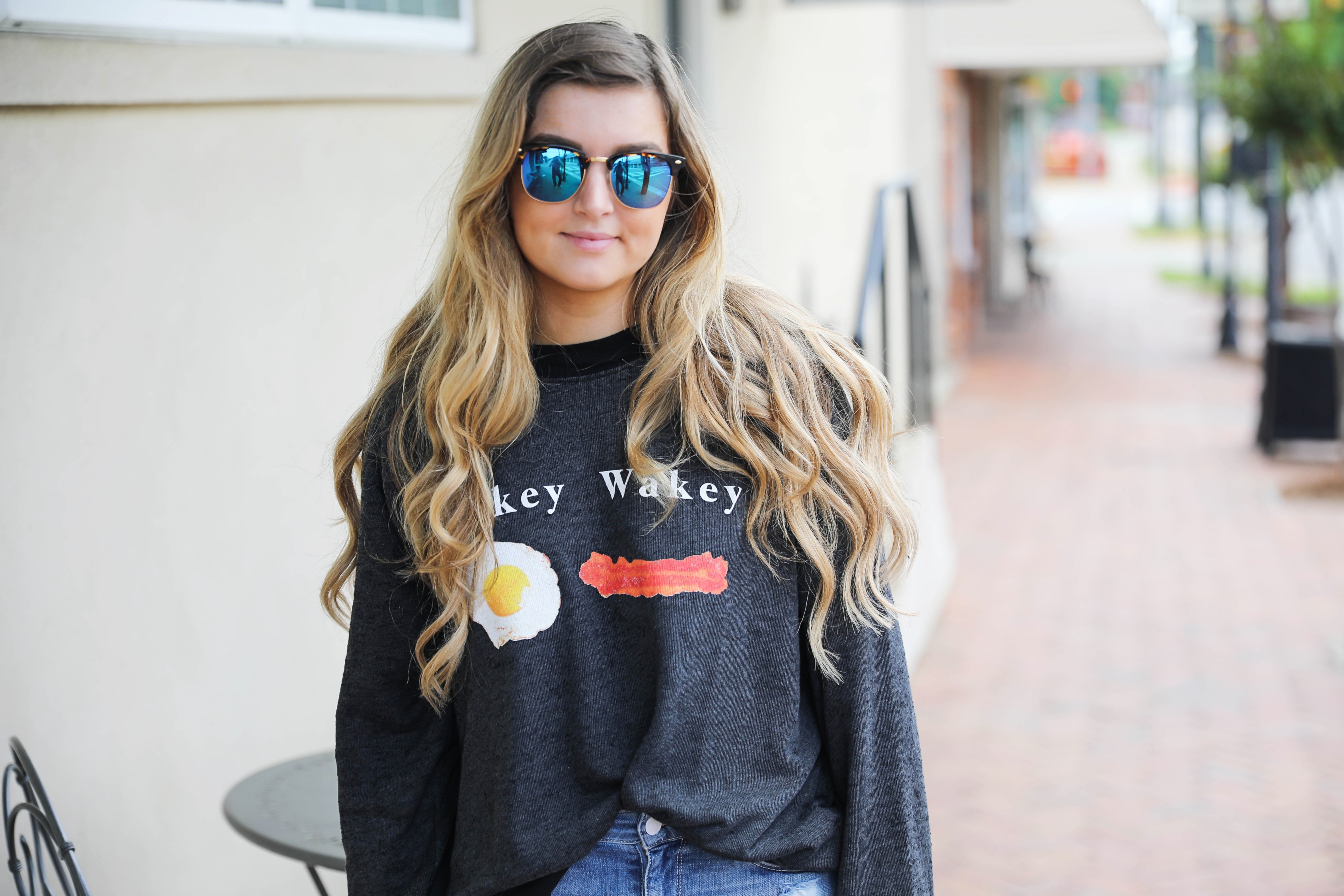 Wakey wakey eggs and bacon Wild Fox sweatshirt tee styled on Daily Dose of Charm by Lauren Lindmark dailydoseofcharm.com