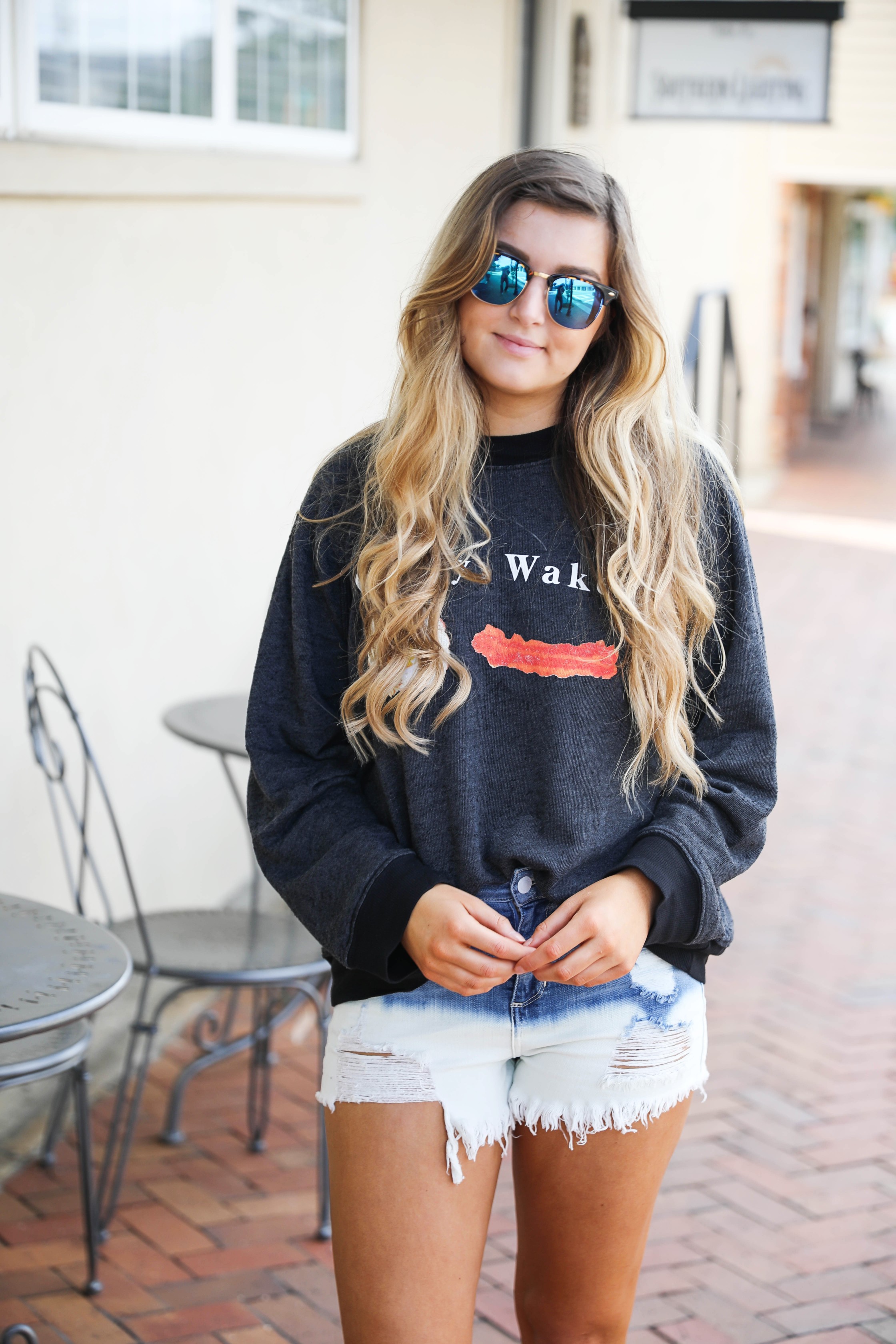 Wakey wakey eggs and bacon Wild Fox sweatshirt tee styled on Daily Dose of Charm by Lauren Lindmark dailydoseofcharm.com