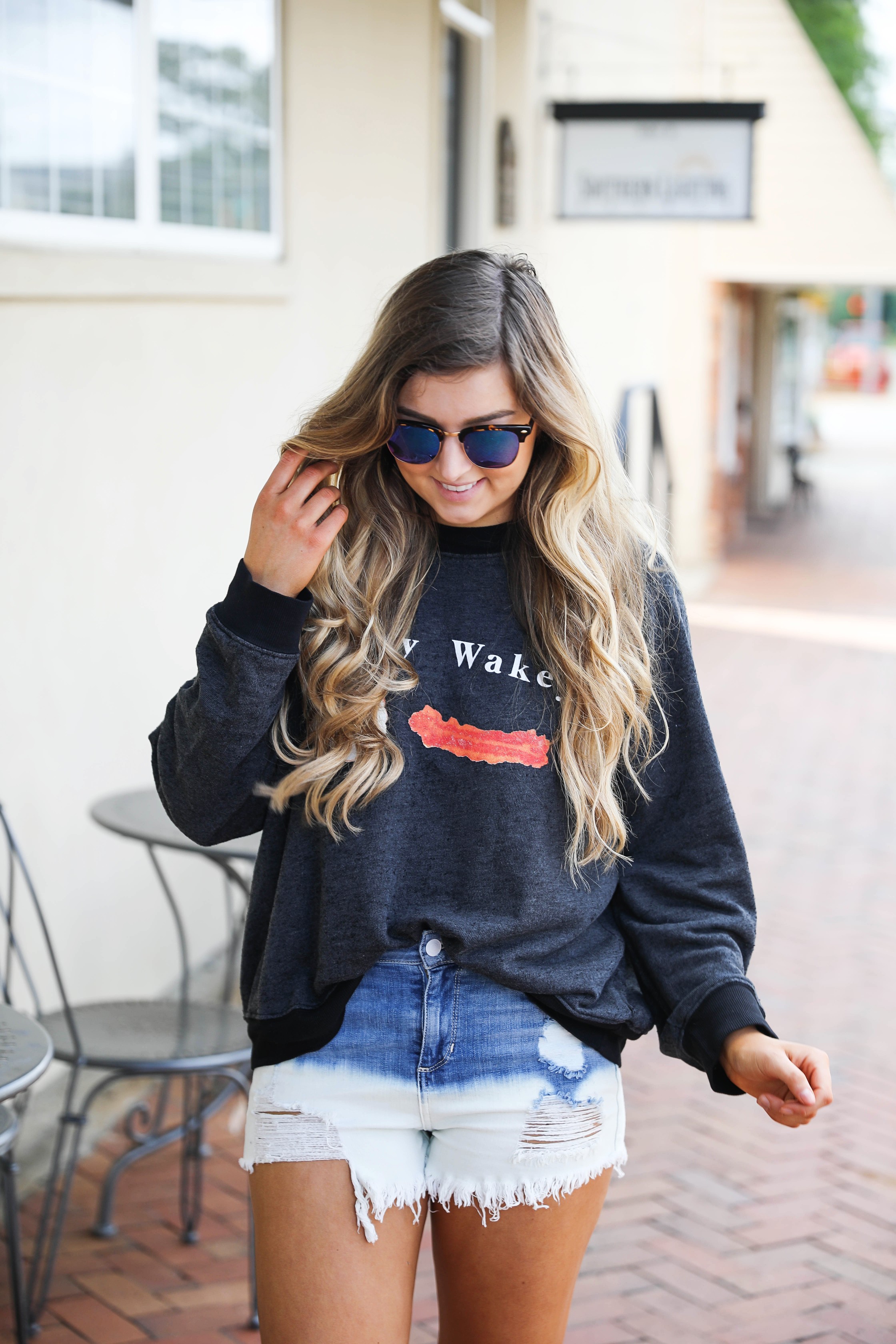 Wakey wakey eggs and bacon Wild Fox sweatshirt tee styled on Daily Dose of Charm by Lauren Lindmark dailydoseofcharm.com