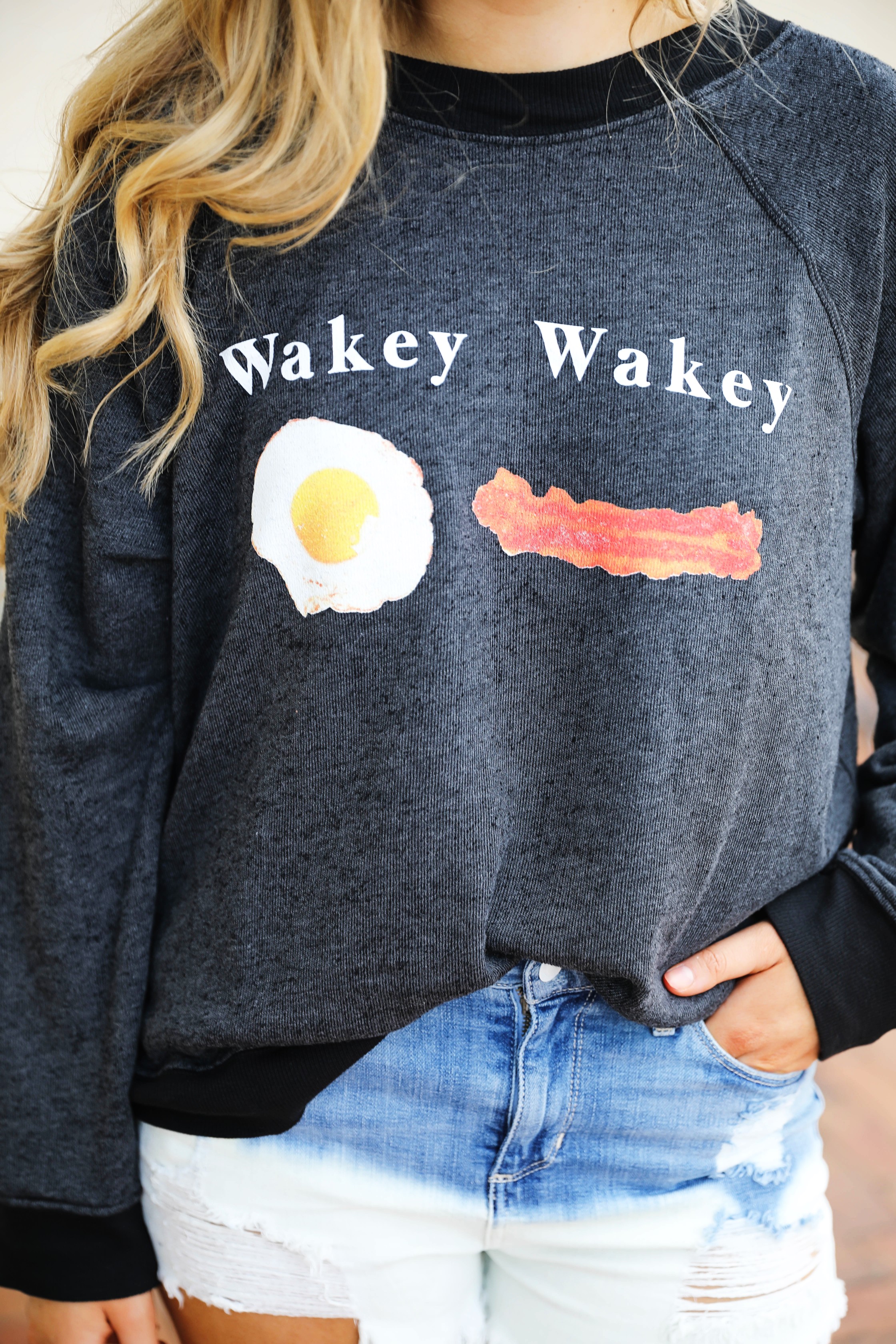 Wakey wakey eggs and bacon Wild Fox sweatshirt tee styled on Daily Dose of Charm by Lauren Lindmark dailydoseofcharm.com