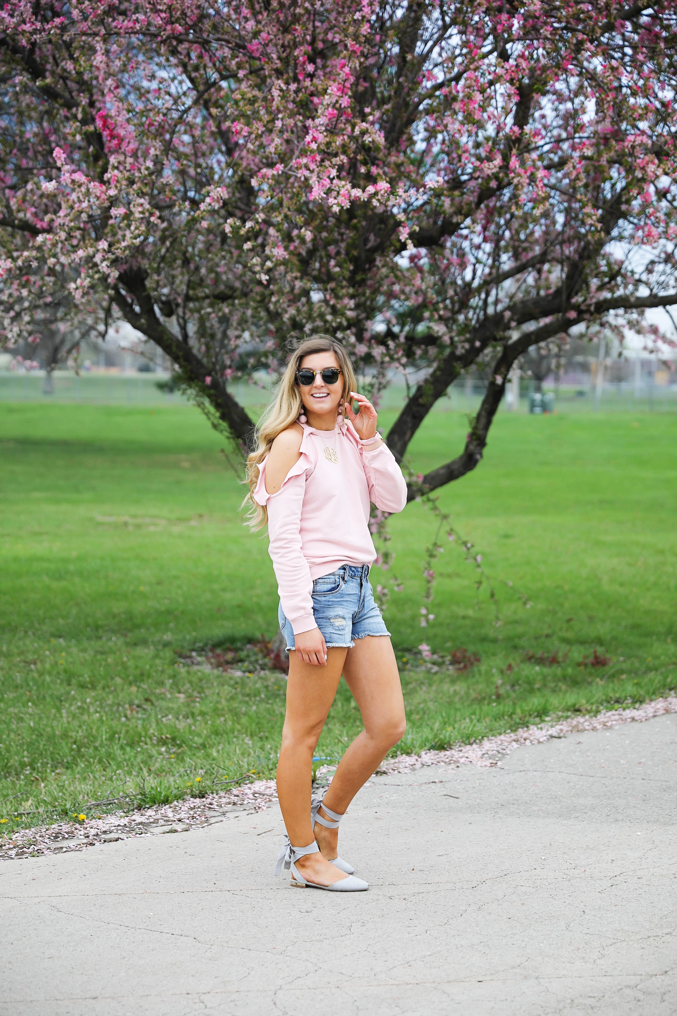 The perfect spring outfit! I love this light pink cold shoulder ruffle top. SO many spring trends in one outfit! Fashion blog by Lauren Lindmark Daily Dose of Charm dailydoseofcharm.com