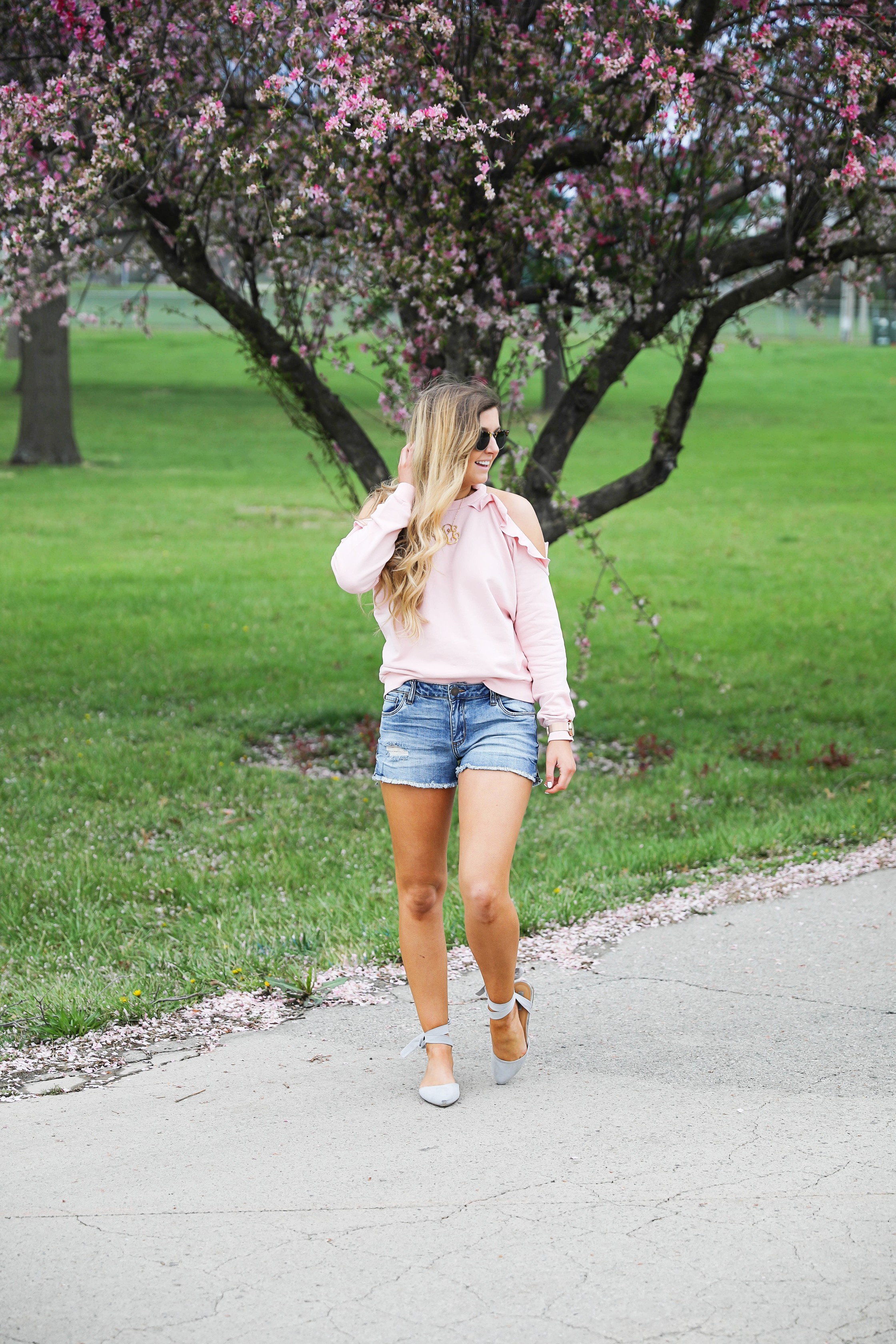 The perfect spring outfit! I love this light pink cold shoulder ruffle top. SO many spring trends in one outfit! Fashion blog by Lauren Lindmark Daily Dose of Charm dailydoseofcharm.com