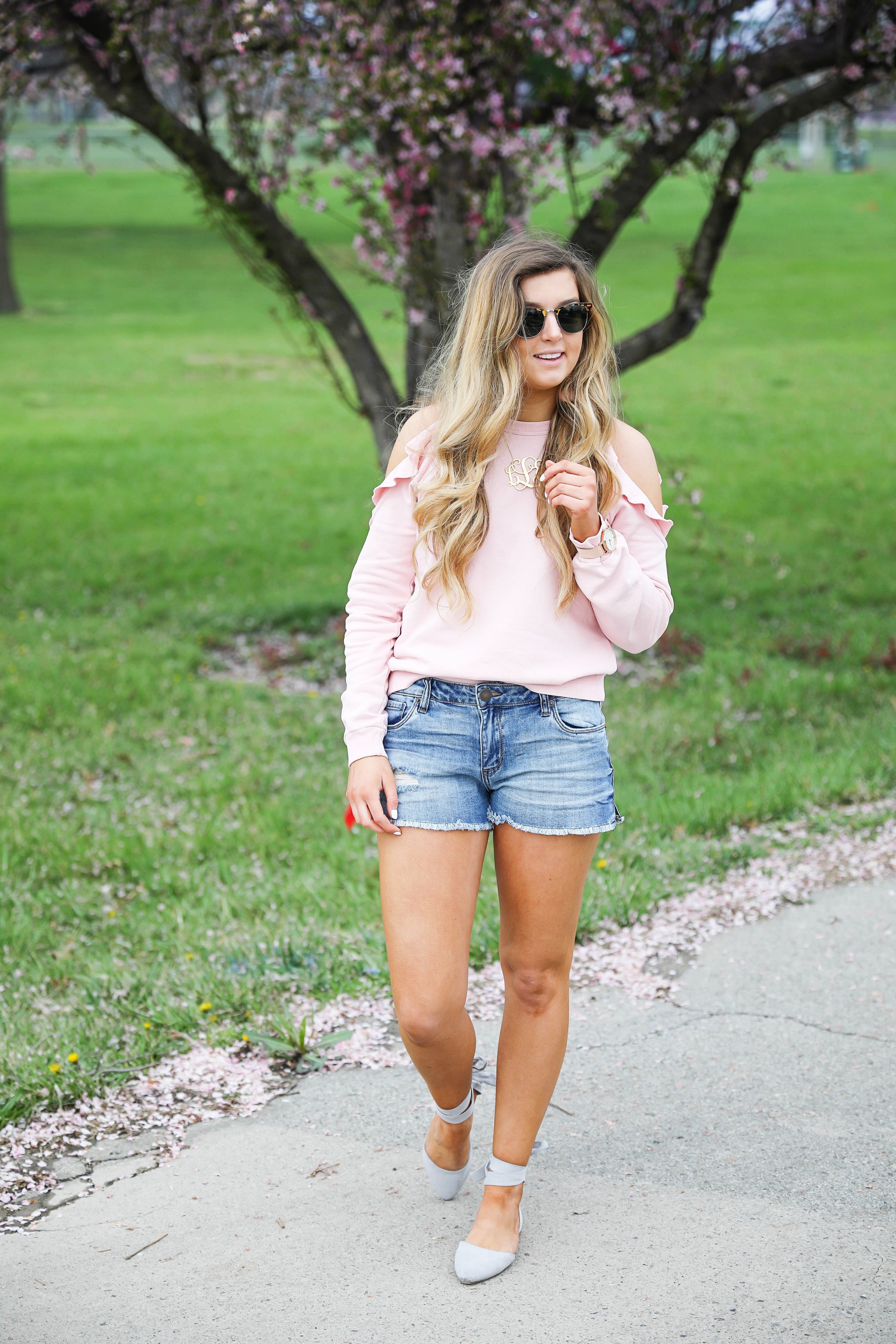 The perfect spring outfit! I love this light pink cold shoulder ruffle top. SO many spring trends in one outfit! Fashion blog by Lauren Lindmark Daily Dose of Charm dailydoseofcharm.com