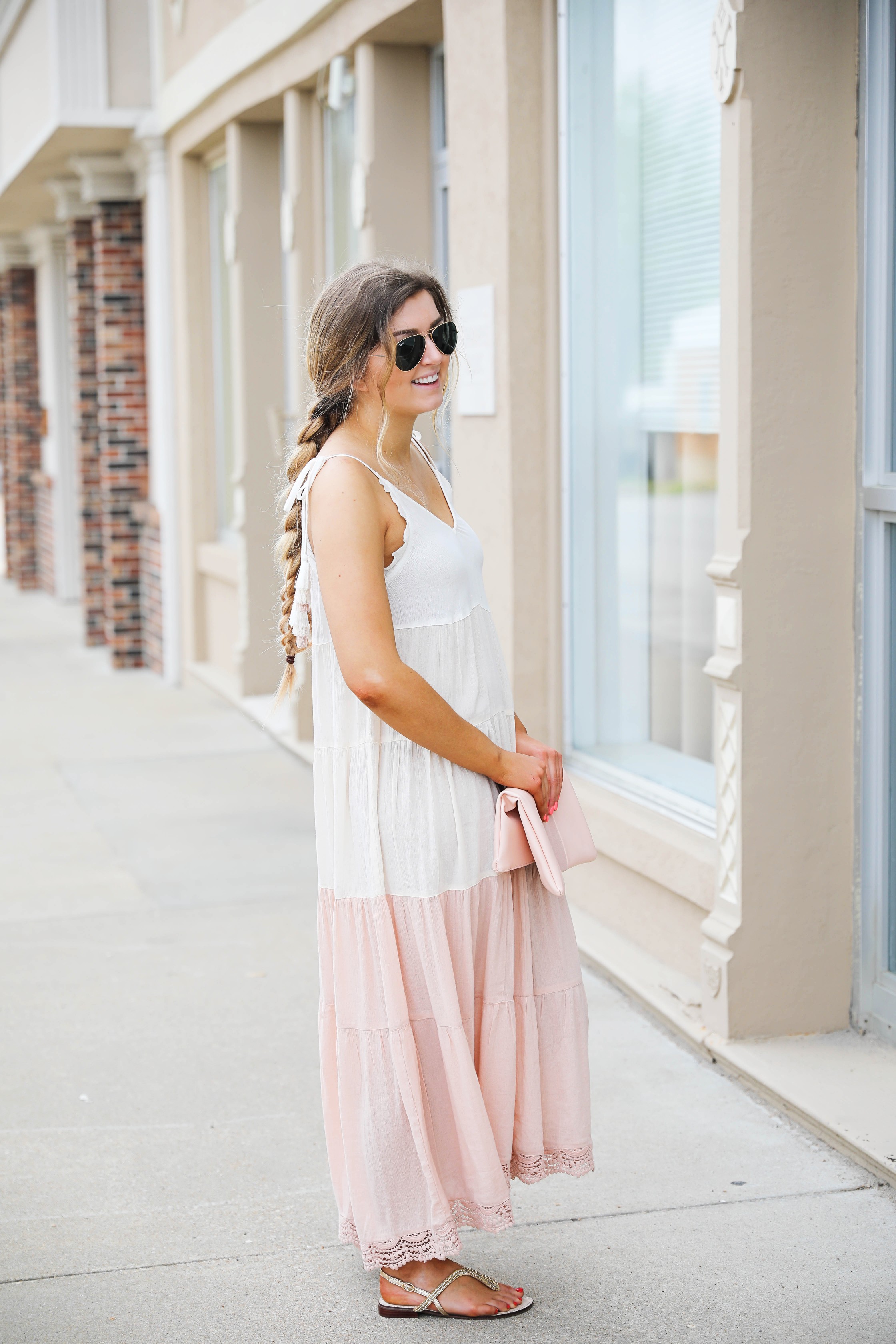 This pink and white color block dress is the perfect flowy beach dress for this spring and summer. Perfect spring outfit. By Lauren Lindmark on dailydoseofcharm.com daily dose of charm