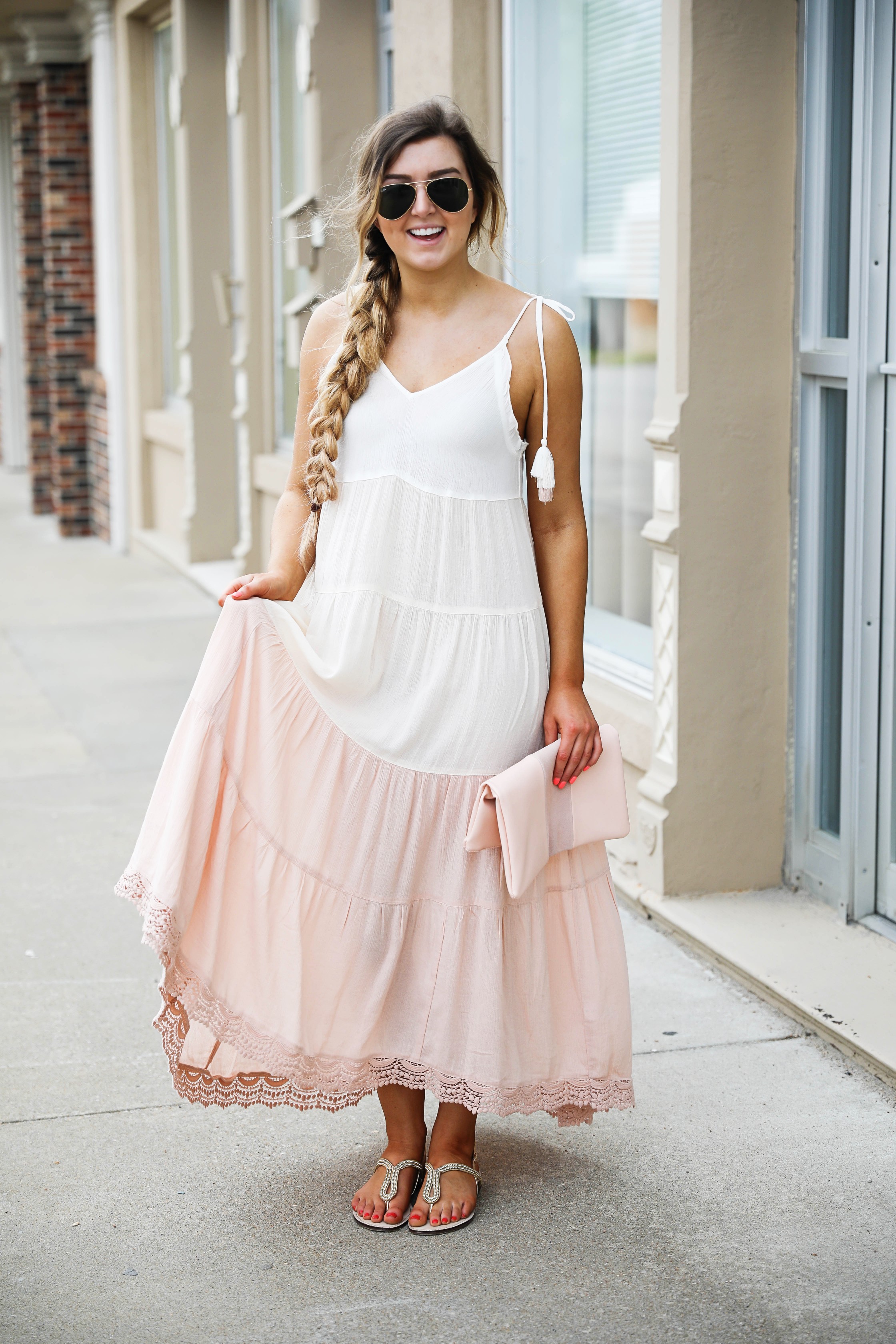 This pink and white color block dress is the perfect flowy beach dress for this spring and summer. Perfect spring outfit. By Lauren Lindmark on dailydoseofcharm.com daily dose of charm
