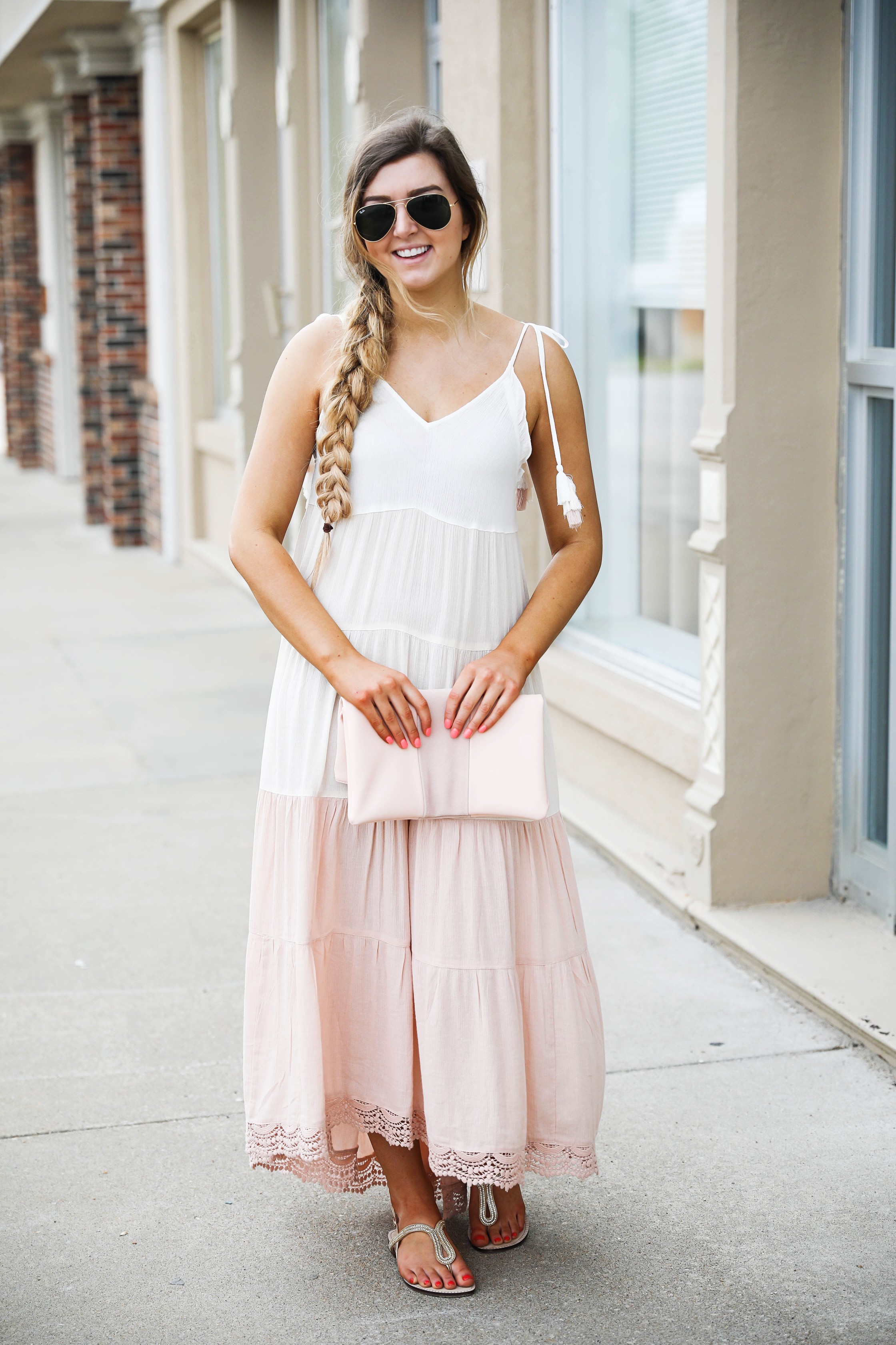 This pink and white color block dress is the perfect flowy beach dress for this spring and summer. Perfect spring outfit. By Lauren Lindmark on dailydoseofcharm.com daily dose of charm