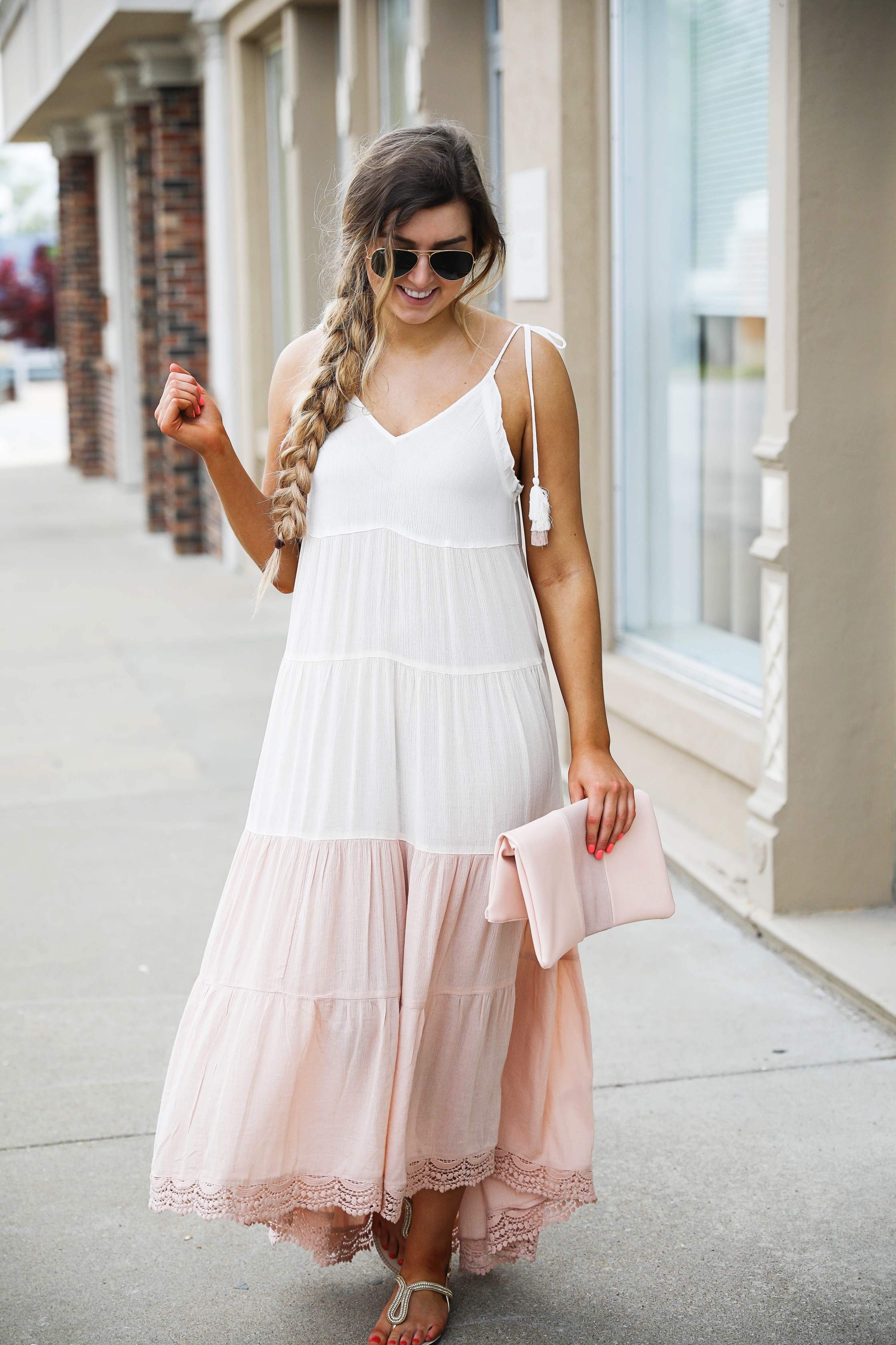 This pink and white color block dress is the perfect flowy beach dress for this spring and summer. Perfect spring outfit. By Lauren Lindmark on dailydoseofcharm.com daily dose of charm