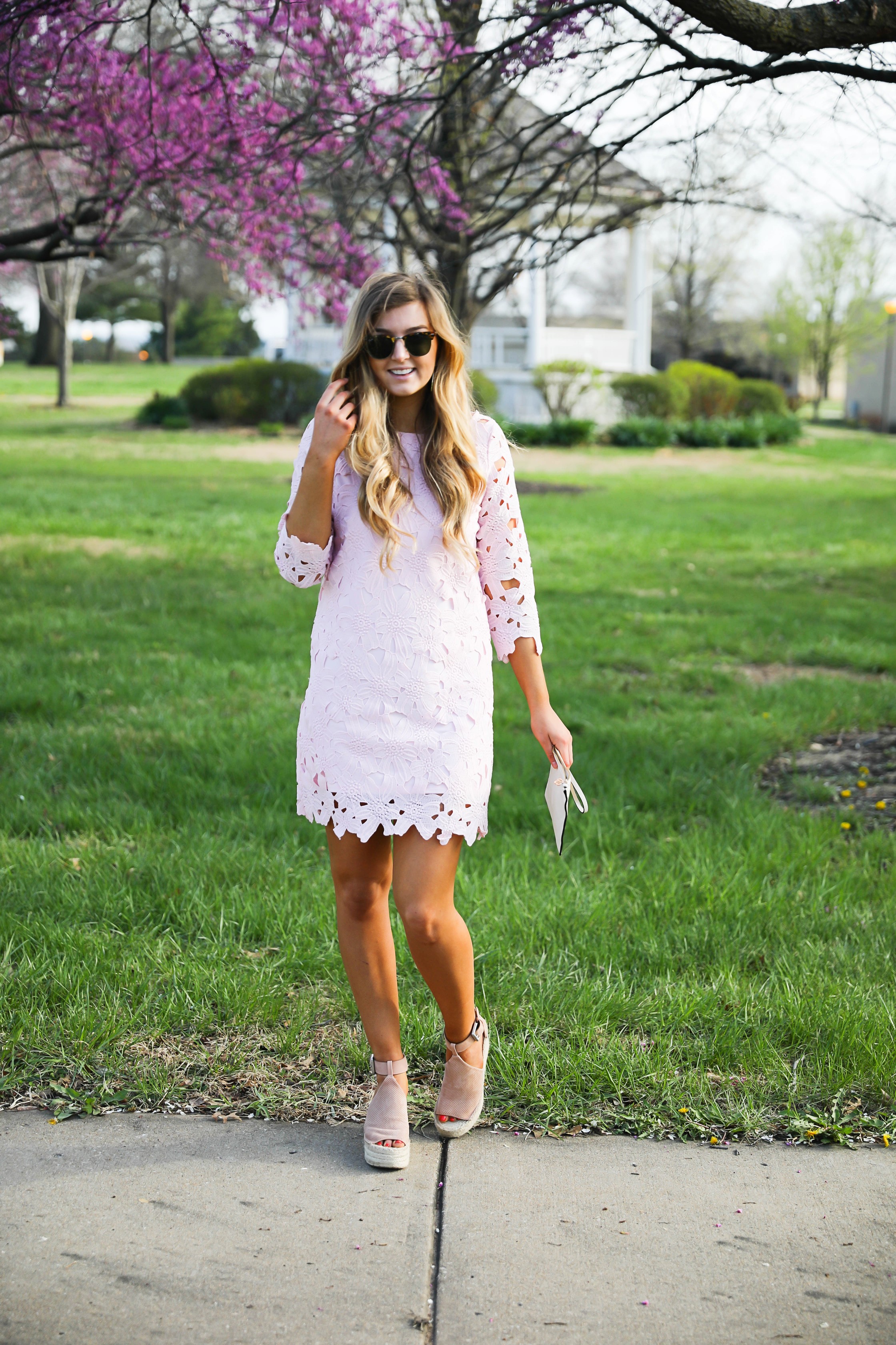 The cutest Easter dress for spring! I love dresses in spring! This light pink lace dress is my favorite dress I own. Find in on the fashion blog Daily Dose of Charm by Lauren Lindmark dailydoseofcharm.com
