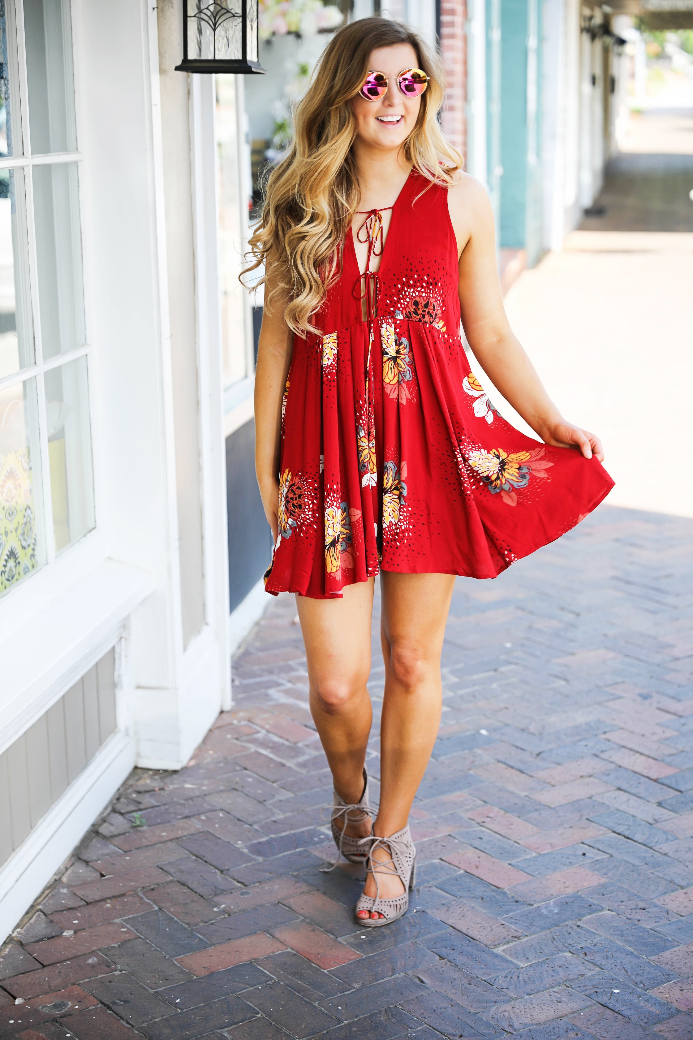 Free People Coachella Inspired Dress with Fun $12 Sunglasses! Cute spring fashion! by Lauren Lindmark on Daily Dose of Charm dailydoseofcharm.com