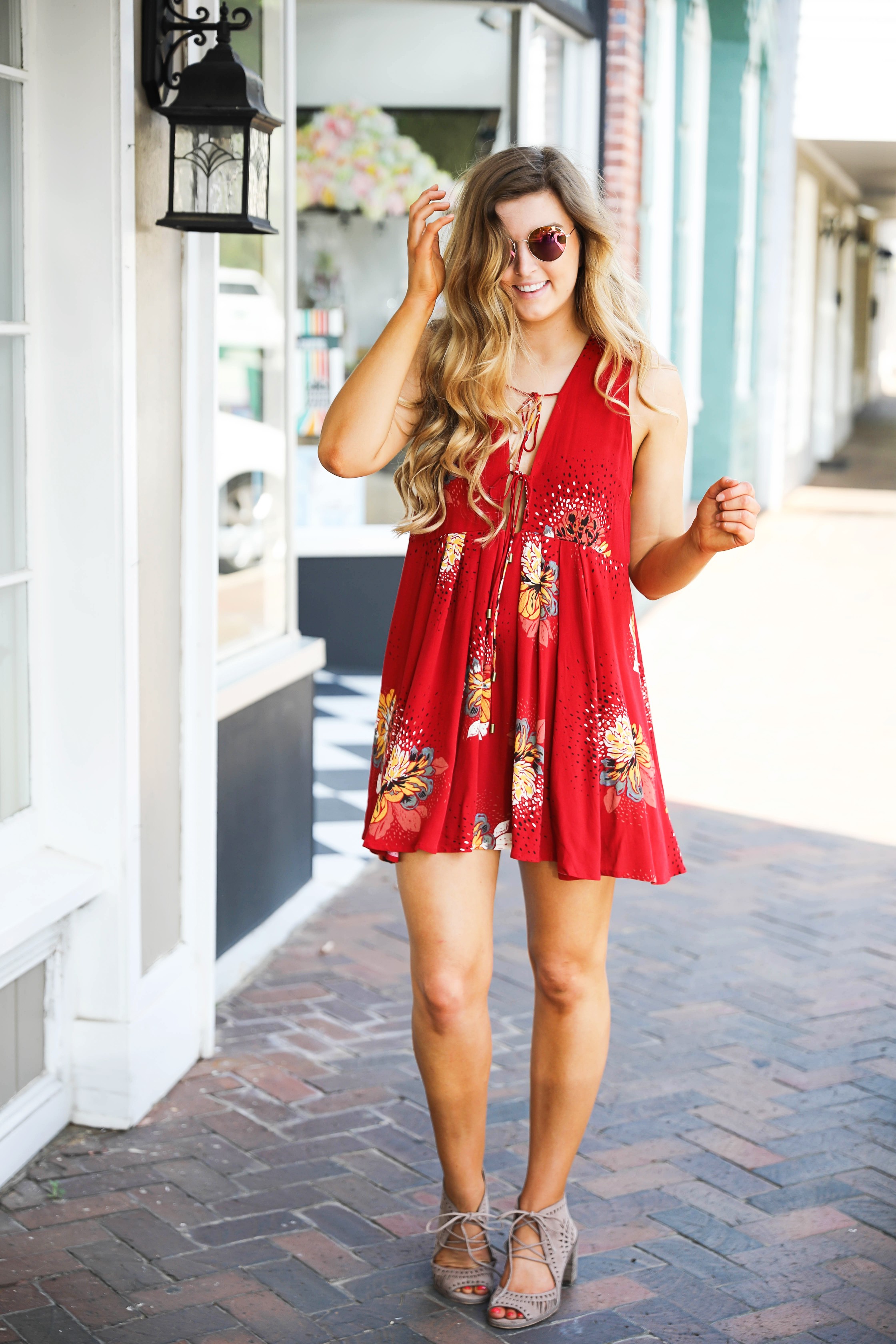 Free People Coachella Inspired Dress with Fun $12 Sunglasses! Cute spring fashion! by Lauren Lindmark on Daily Dose of Charm dailydoseofcharm.com