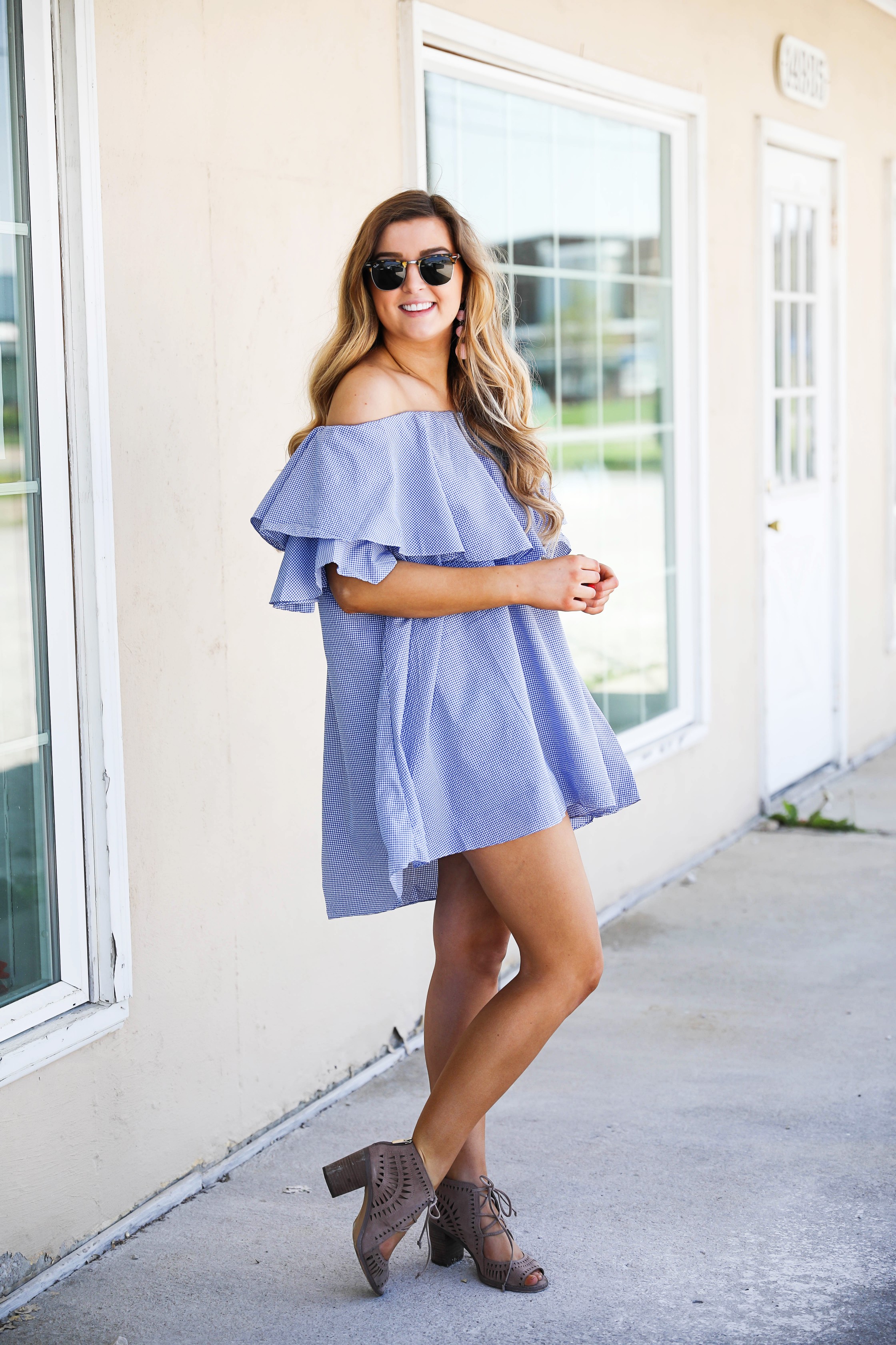 Off the shoulder gingham ruffle dress perfect for spring outfit ideas or summer dresses. by Lauren Lindmark on dailydoseofcharm.com daily dose of charm